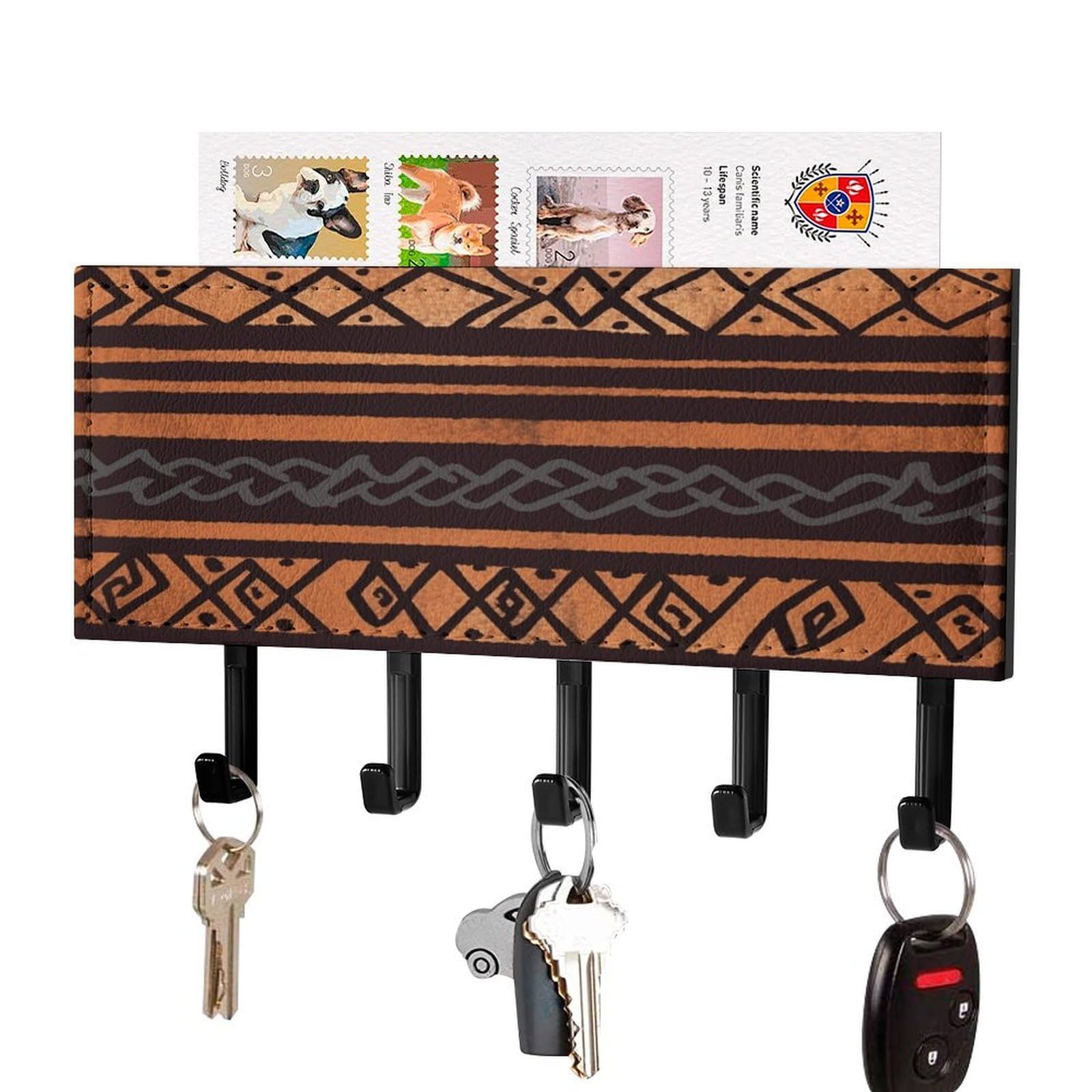 Cuelgallaves tribal africano de pared con estante de metal y organizador de correo de piel sintética