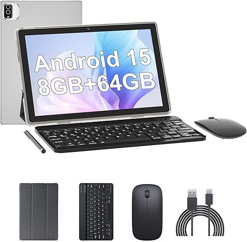 Vista 10 de Tablet 2 en 1 de 10 Pulgadas Android 14 con Teclado 64GB ROM 8GB RAM Soporta expansión de 1TB Tablet de 10.1" Incluye Ratón, Estuche, Lápiz Táctil