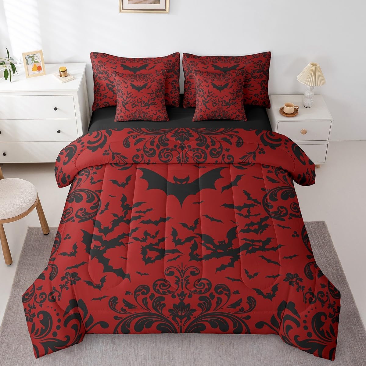 Erosebridal Halloween Bat Bedding Set for Kids Boys Queen Size,Red Black Gothic Comforter Set 7 Piece for Teen Men Room Decor Goth Damask Bats Bed in A Bag with Sheets Halloween Animal Bed Set