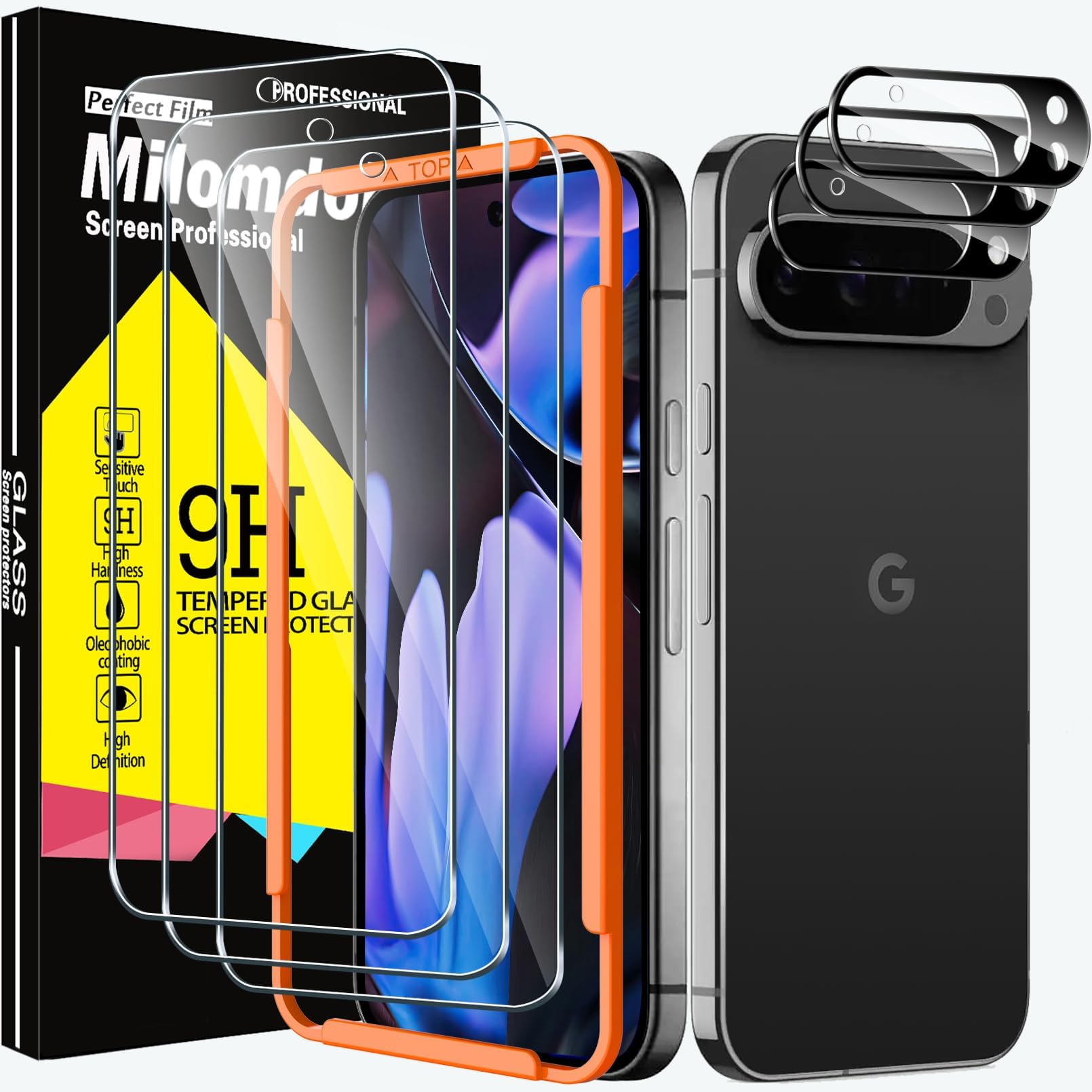Milomdoi 3 Pack Screen Protector for Google Pixel 9 Pro XL with 3 Pack Camera Lens Protector, Ultra 9H+ Tempered Glass Accessories, [Fingerprint Suitable] Easy Installation, Case Friendly