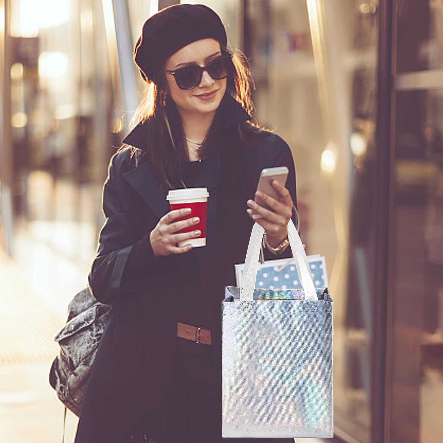 TOPZEA 40 Pack 10 x 8 Inch Glossy Reusable Grocery Bags, Non-woven Tote Shopping Bags with Handle, Bridesmaid Bag Stylish Foldable Gift Goodies Bag for Small Business, Wedding, Easter, Birthday - Image 3