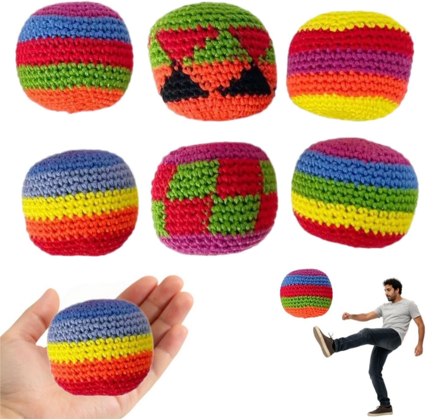 Hand Made Knitted Footbag Sack, Colorful Crochet Kick Bags for Adults, Multicolored Geometric Pattern Juggling Balls for Outdoor Party Game, Boost Coordination & Fun