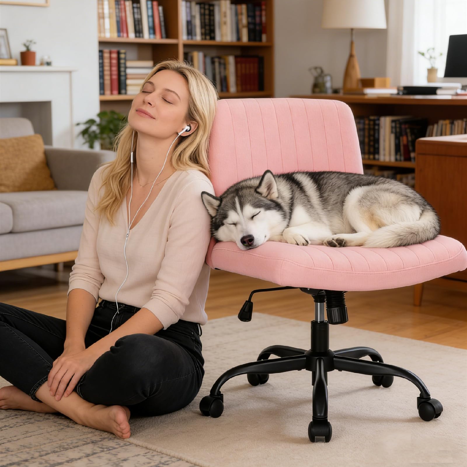 VOONMIU Wide Office Chair with Wheels Armless Office Chair 120°Rocking Mid Back Computer Task Chairs for Make Up(Pink with Wheels)
