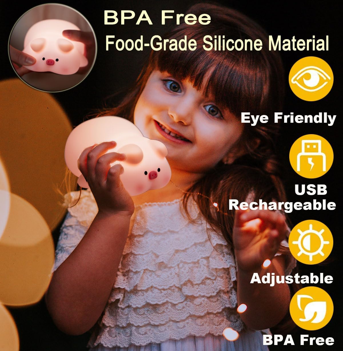 Piglet Night Light for Kids,Cute Pig Silicone Squishy Dimmable Nursery Lamp image 5
