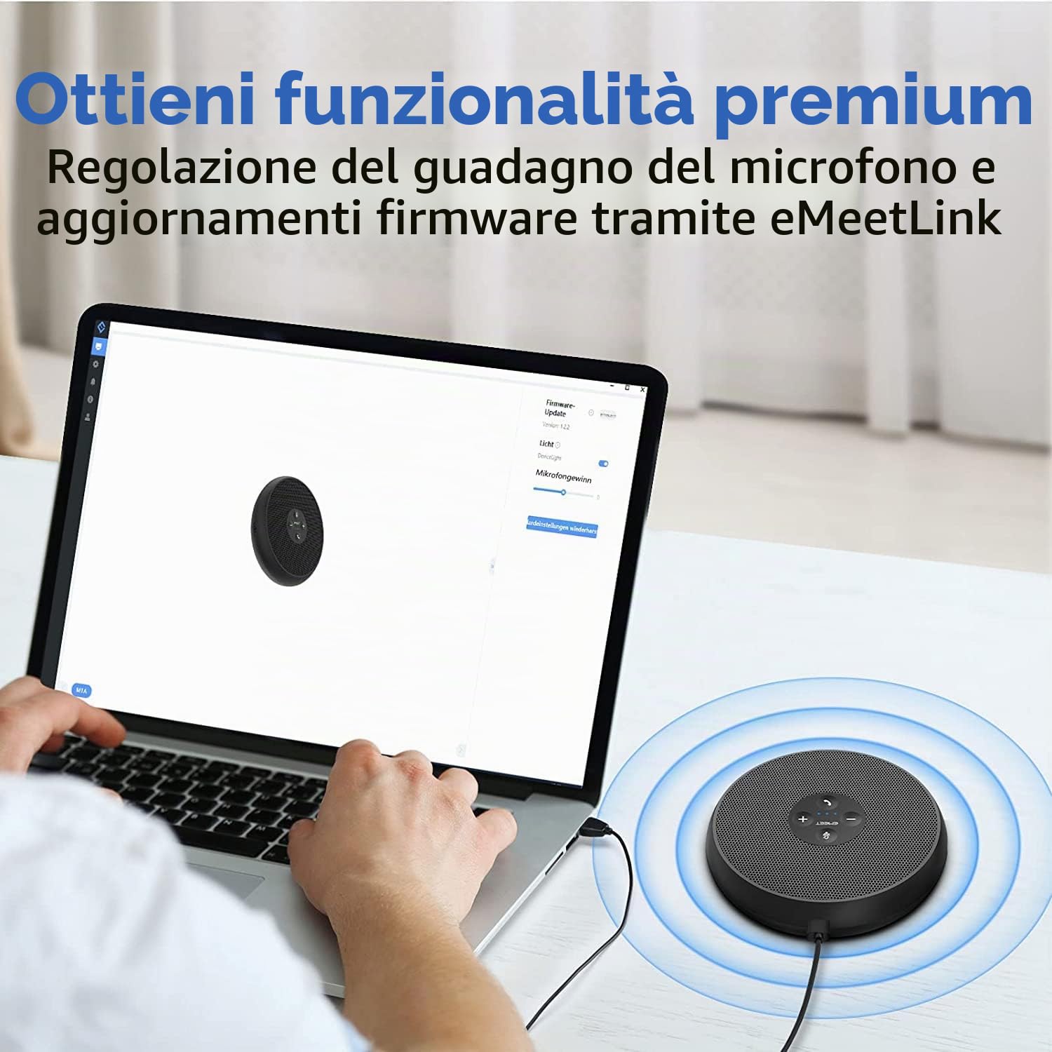 eMeet Altoparlante per conferenze USB - Altoparlante per PC M1A con cancellazione del rumore per 1-4 persone, altoparlante con doppio microfono a 360°, Plug and Play per Win/OS/Linux e Skype, ecc.