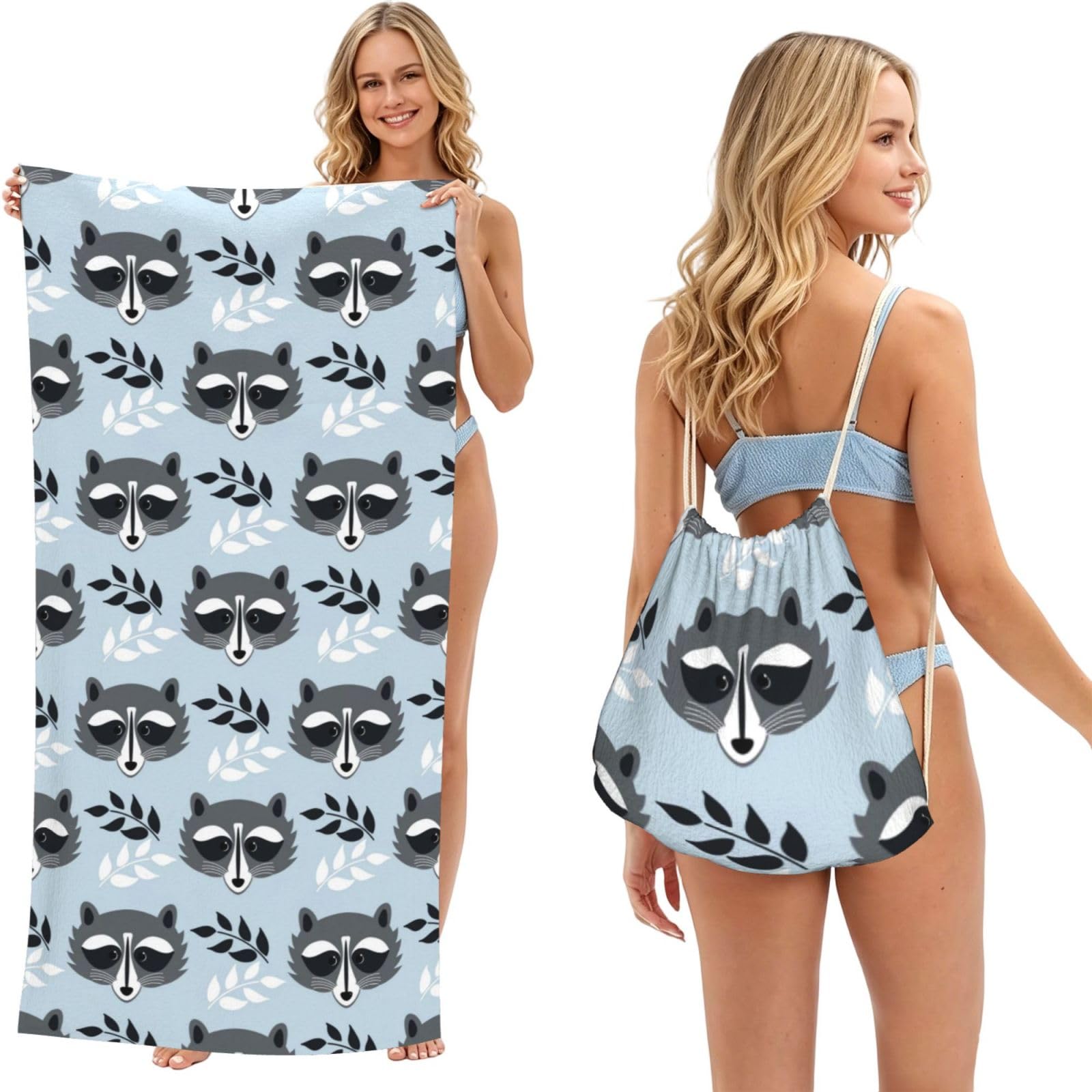 Poadnly As Picture Cute Raccoon Pattern, 2 In 1 Packable Towel Bag, Beach Towels With Drawstring Backpack For Travel Holiday Camping