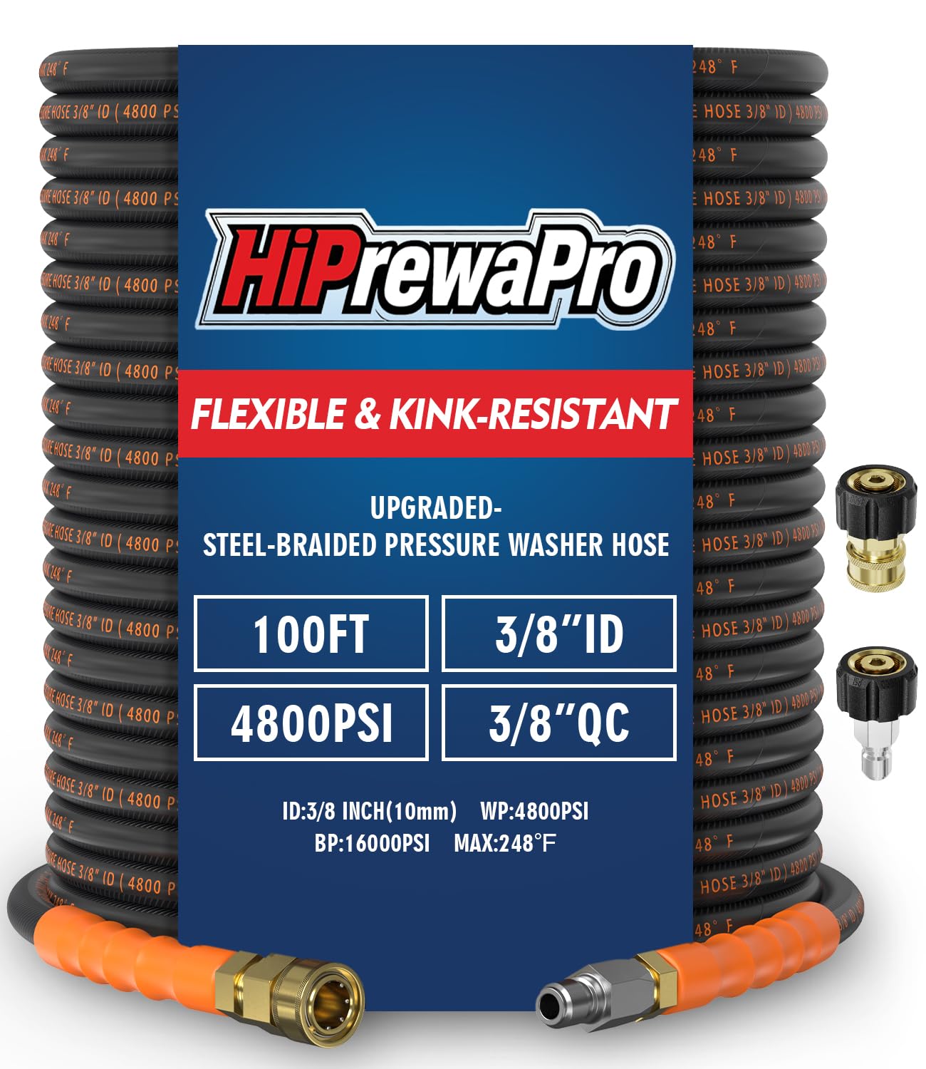 HiPrewaPro 100 ft 3/8 Pressure Washer Hose