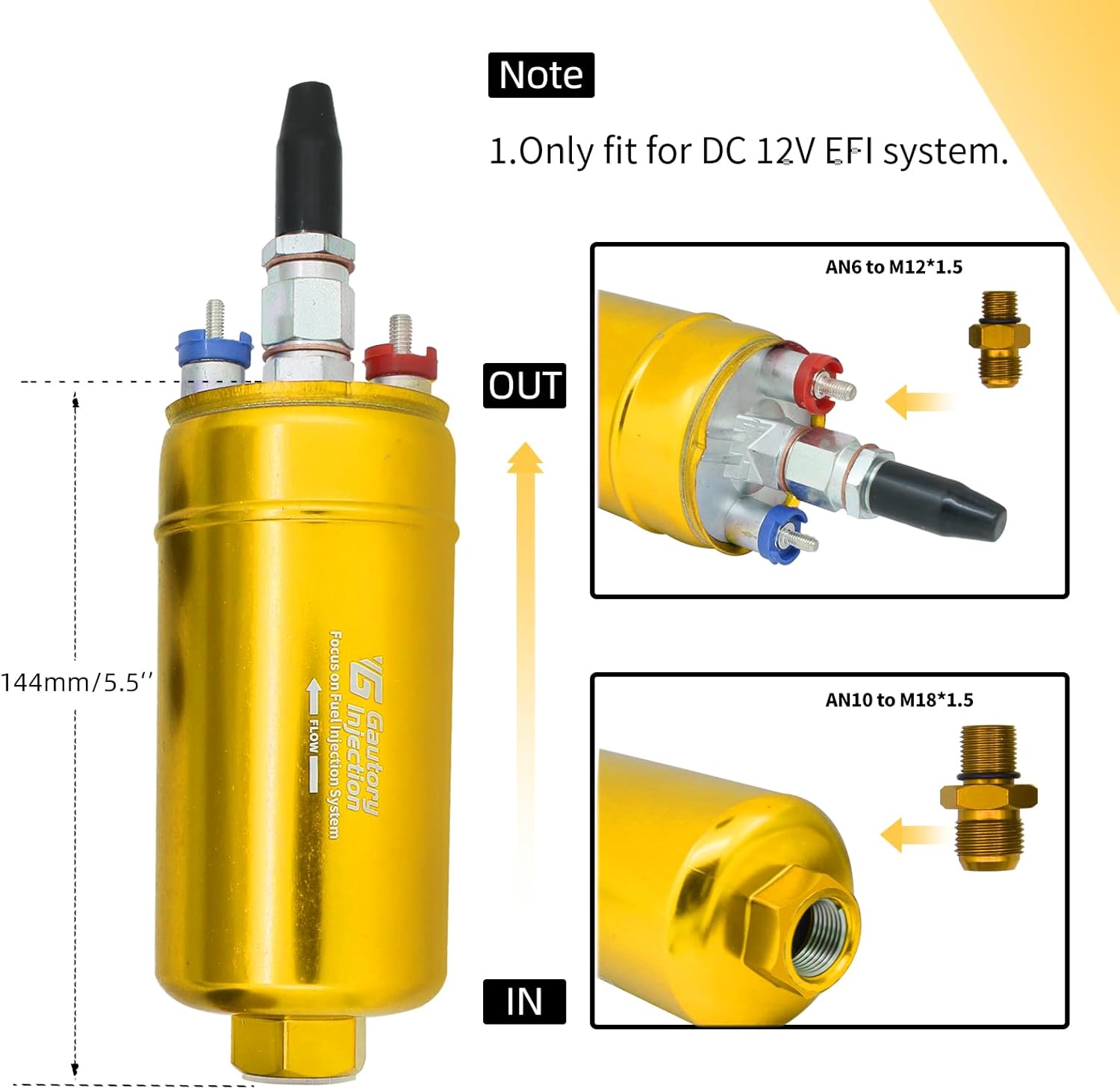 300LPH 044 External Inline Fuel Pump Kit - Gold Anodized, 12V High Pressure Electric Fuel Pump, 6AN 10AN Fittings, Compatible with LS Swap, EFI, Racing, 0580254044 Replacement
