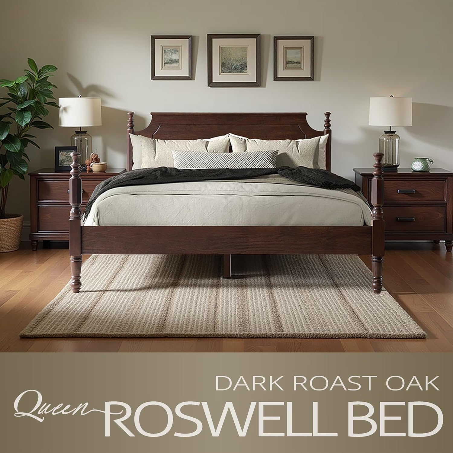 Solid Wood Platform Bed Frame with Headboard & Footboard, Center Metal Legs, 12 Heavy-Duty Slats, Noise-Free, No Box Spring Needed, Easy Assembly, Queen Size, Dark Roast Oak Finish, ROQ-32