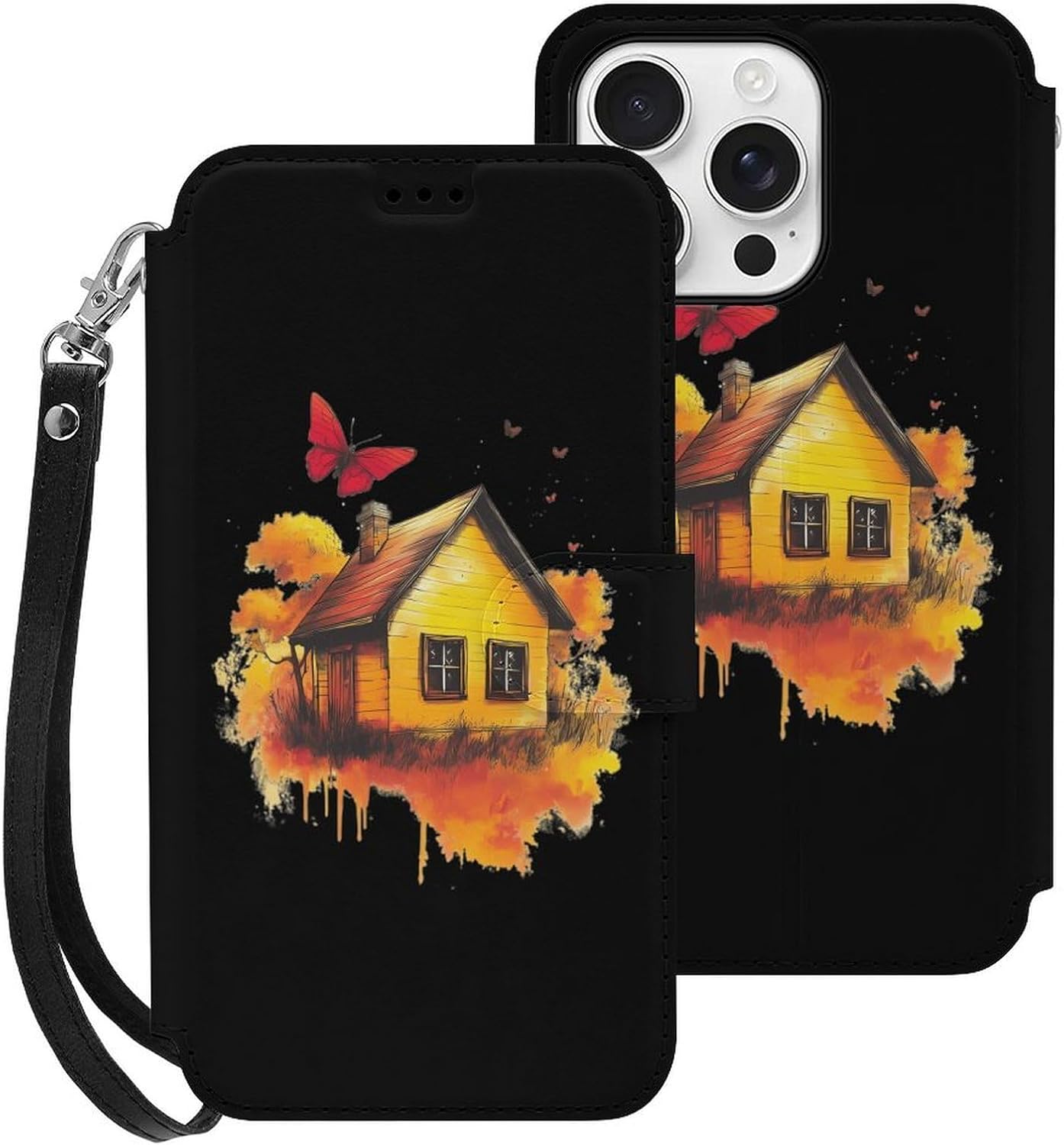 Wood House Butterfly Compatible with iPhone 16/16 Plus/16 Pro/16 Pro Max/16 E Case Phone Wallet Card Holder Flip Cover with Wrist Strap