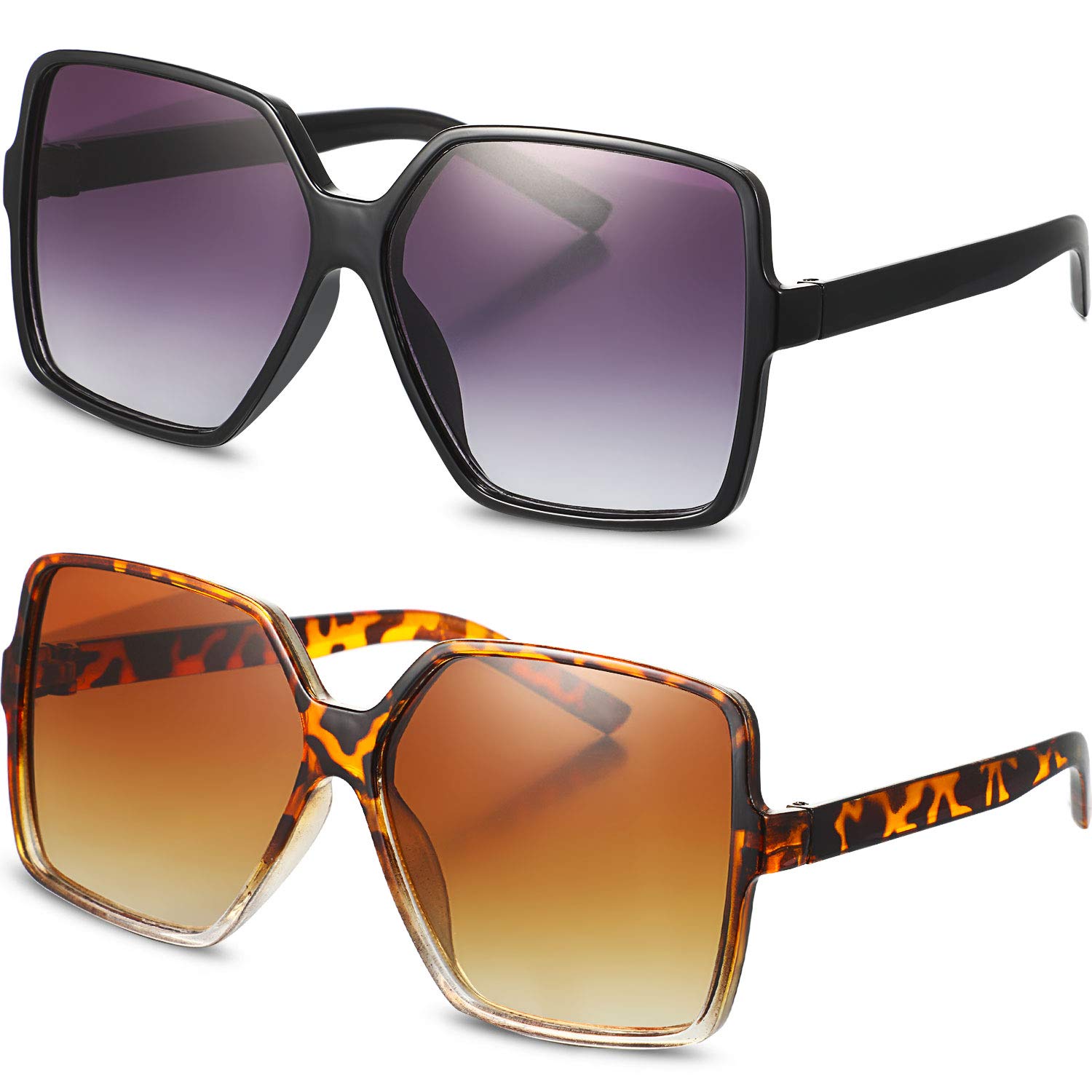 Frienda 2 Pairs Oversized Square Sunglasses Big Large Wide Retro Vintage Shades for Women