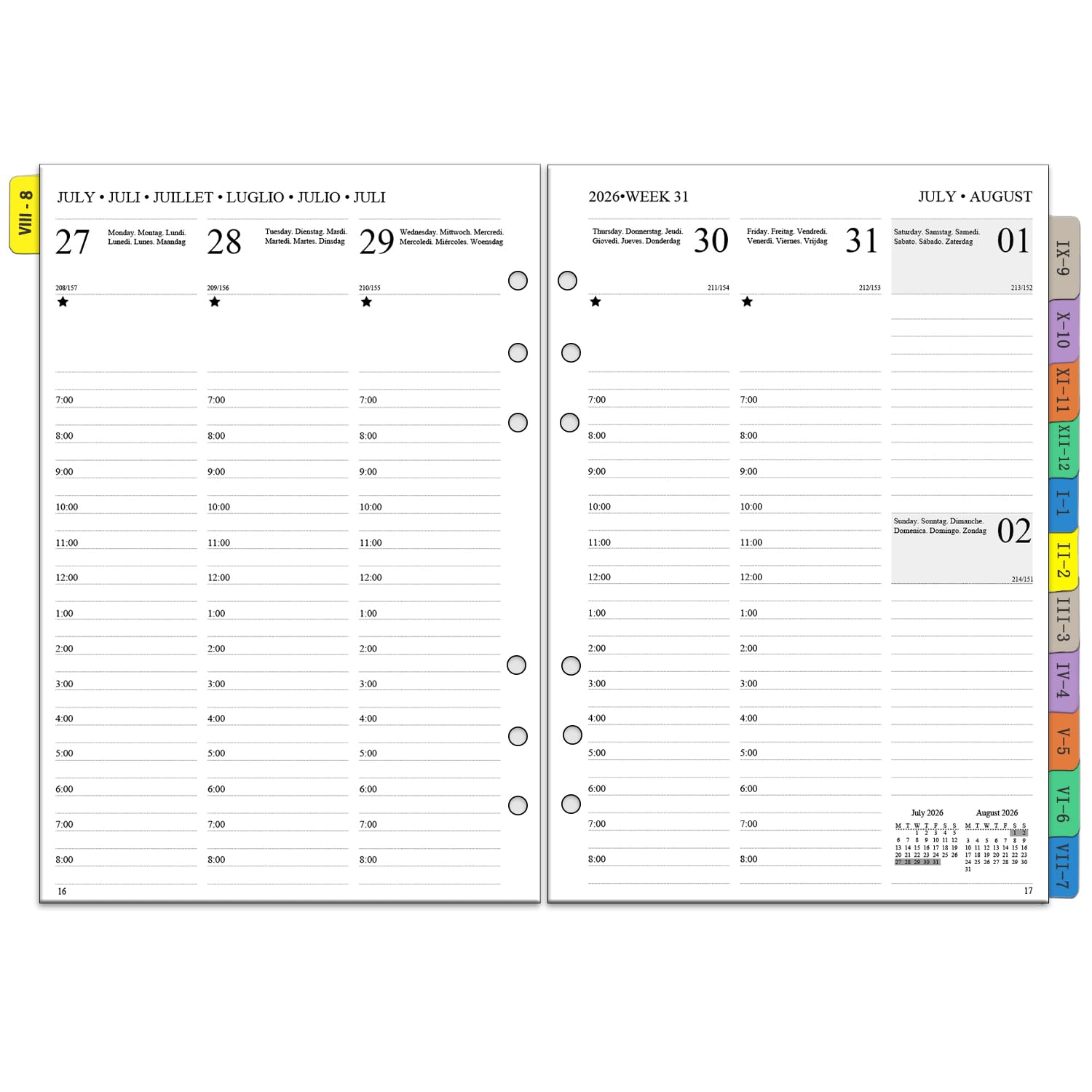 Appointment Diary Refill 2026 2027 A5 Size, Aug-Jul, Vertical Layout Time Slots 7:00-20:00, Monthly Weekly Planner Inserts with Tabs, Note, Contact, fit A5 6-ring Binder/Organizer(Multilingual)