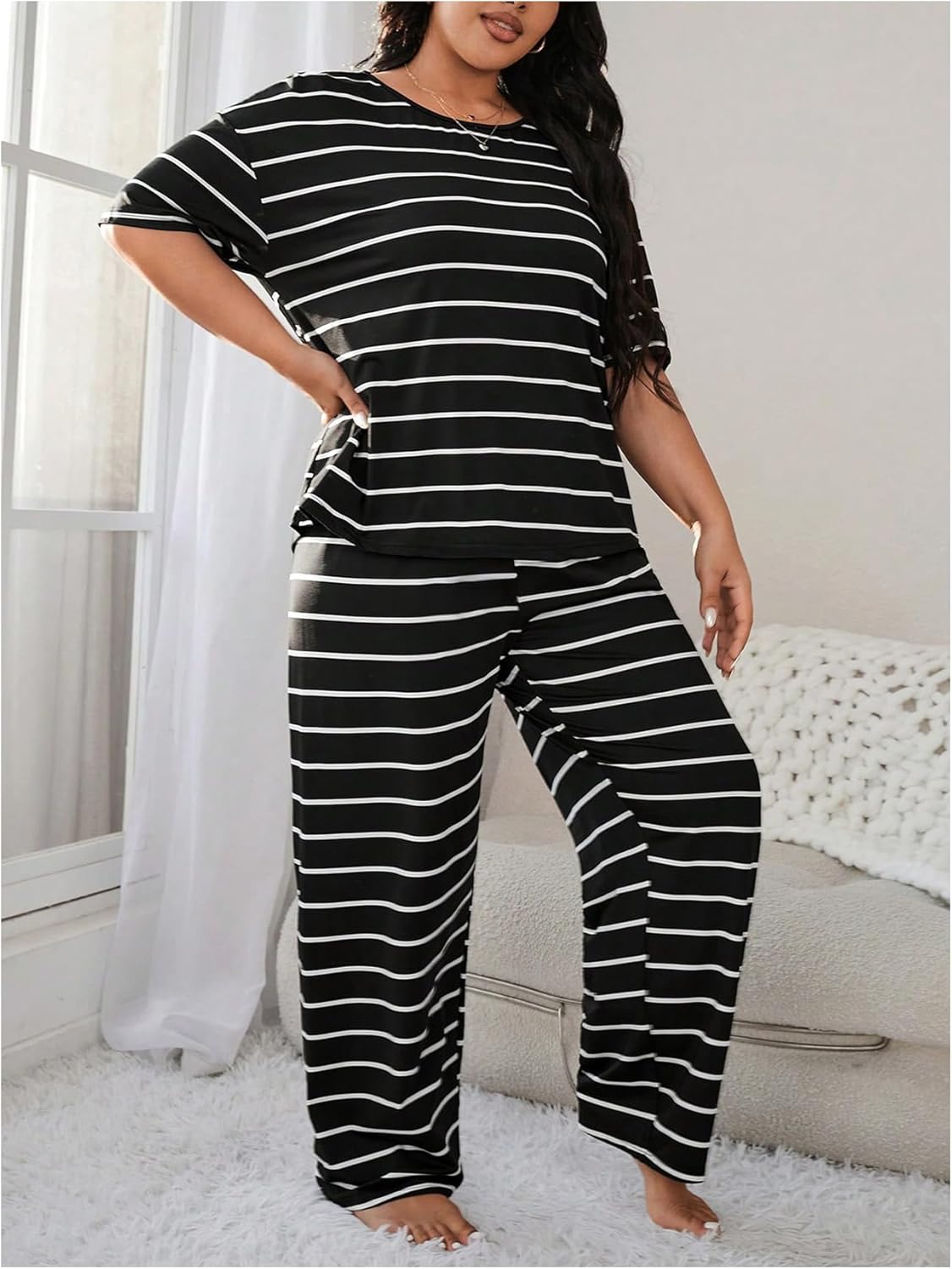OYOANGLE Women's Plus Size Striped Pajama Set Short Sleeve Tee Top Elastic Waist Pants Sleepwear - Image 2