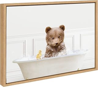 Kate and Laurel Sylvie Bear Cub In Bubble Bath Neutral Style Framed Canvas Wall Art by Amy Peterson Art Studio; 18x24 Natural; Adorable Animal Art for Bathroom