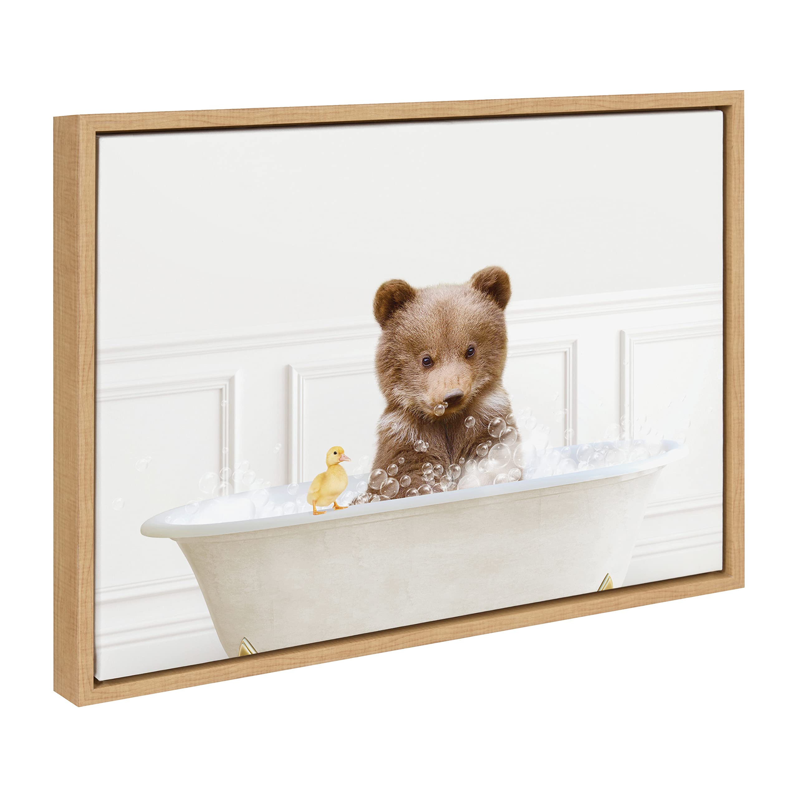 Kate and LaurelSylvie Bear Cub In Bubble Bath Neutral Style Framed Canvas Wall Art by Amy Peterson Art Studio, 18x24 Natural, Adorable Animal Art for Bathroom