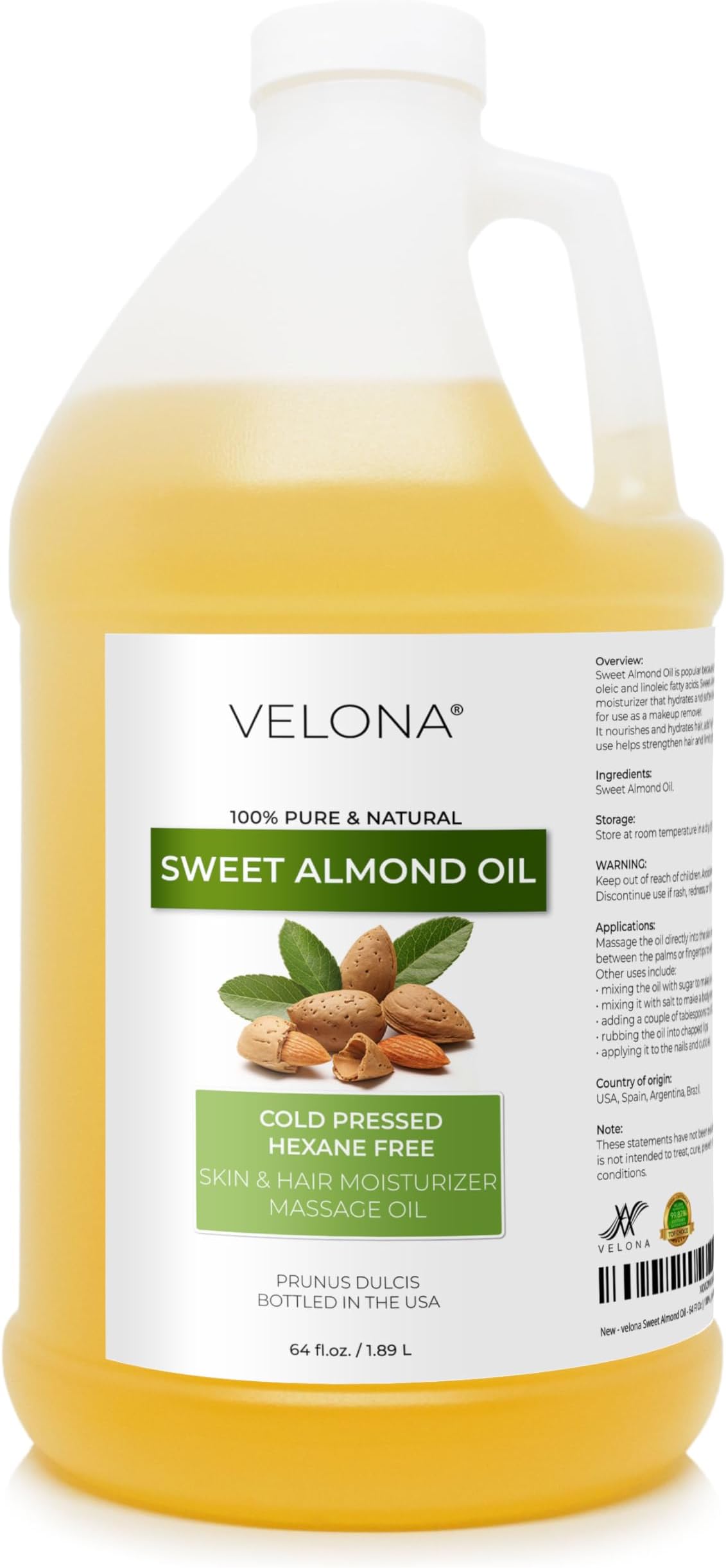 velona Sweet Almond Oil - 64 Fl Oz | 100% Pure and Natural Carrier Oil |Cold Pressed | Skin, Hair, Body & Face Moisturizing | Use Today - Enjoy Results…