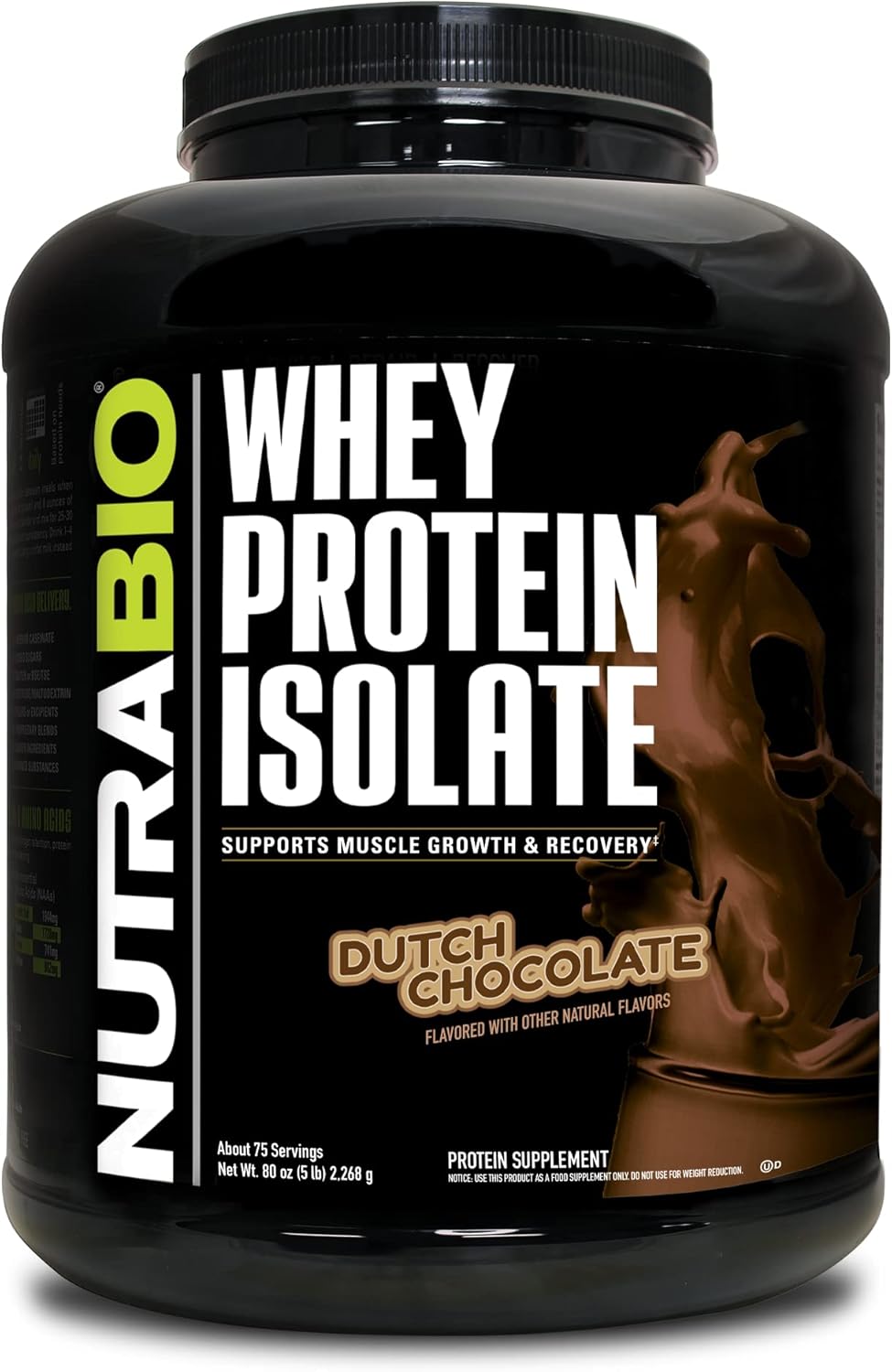 NutraBio 100% Whey Protein Isolate Protein Powder &ndash; 25g Protein with Complete Amino Acid Profile, Non-GMO, Soy and Gluten Free, Low Carb and Low Calorie Whey Protein Powder - Dutch Chocolate - 5 Lbs