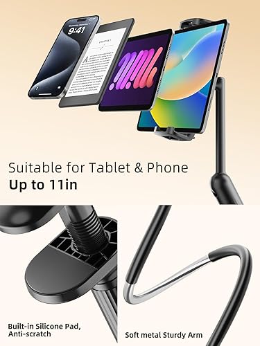 Miniatura 6 de SAIJI Soporte para Kindle de cuello de cisne de 47 pulgadas, soporte para tableta para cama con base mejorada, soporte para iPad con brazo flexible