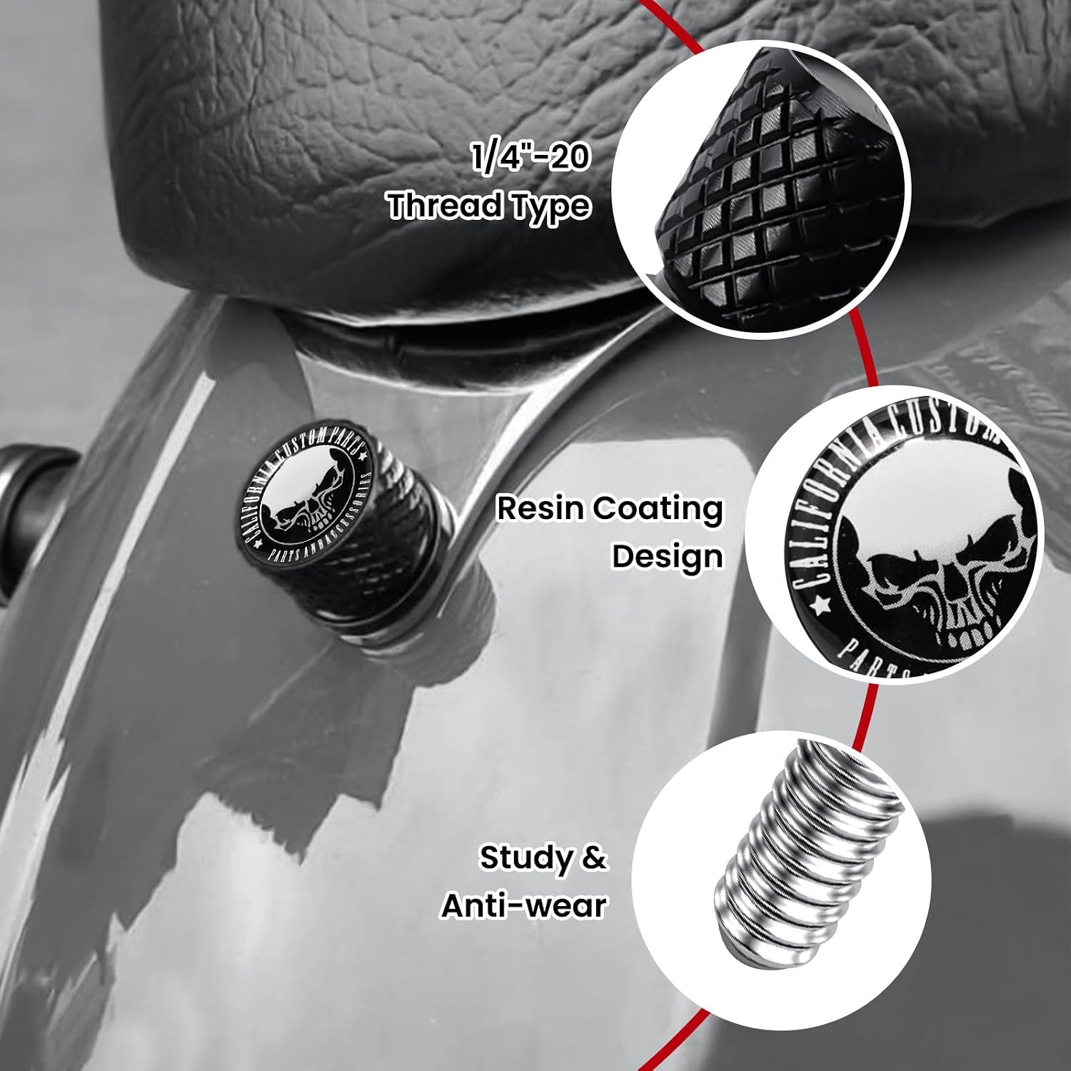 Stainless Knurled Fender Seat Bolt Screw 1/4"-20 Thread Compatible with Harley 1996-2026 Sportster Touring Softail Dyna CVO Electra Glide Street Glide- Skeleton Skull | Black Bolt & Nut Kit