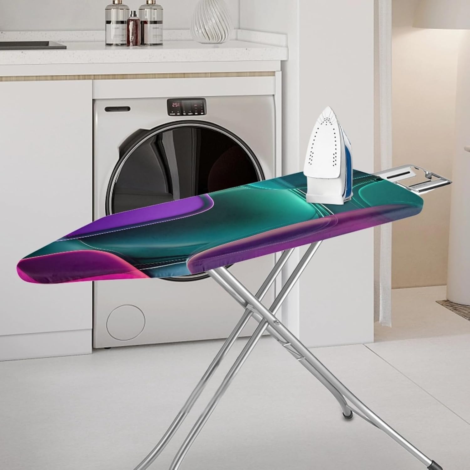 Ironing Board Cover 14x48 Green Purple Geometry Iron Board Cover with Padding Heat Reflective,Scorch Resistant Thick Padding,Snug Fit Non-Slip Nose Pocket Fastener Straps Elastic Edges