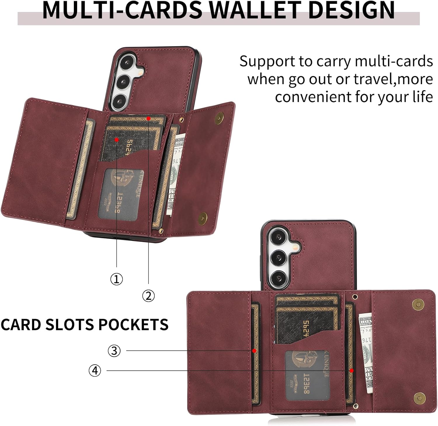 Asuwish Phone Case for Samsung Galaxy S24 Plus S24+ 5G Wallet Cover with Tempered Glass Screen Protector and PU Leather Credit Card Holder Stand Cell Accessories S24plus 24S + S 24 24+ Women Wine Red - Image 4