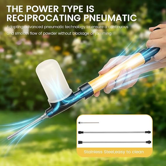 Diatomaceous Earth Powder Sprayer with 50-Inch Extendable Stainless Steel Wand, Pneumatic Push-Pull Duster Applicator for Pest Control & Garden, 120ml Adjustable Output Dispenser(yellow)
