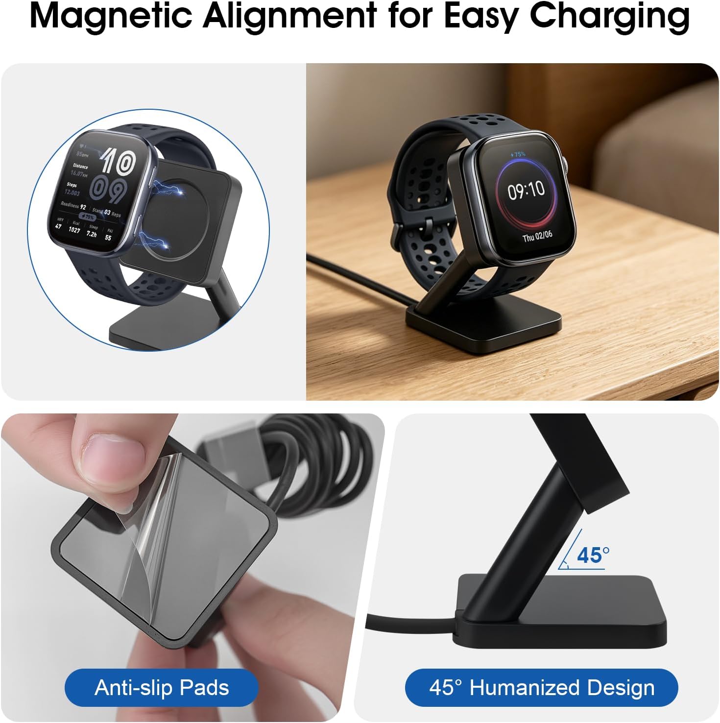 Magnetic Charging Stand Compatible with Amazfit GTR 3 / GTR 3 Pro/GTR 4, Acitive 2,GTS 3 / GTS 4, Bip 6 Smart Watch, Desktop Charger Dock with 3.3FT USB A Cable, Anti-Slip Base