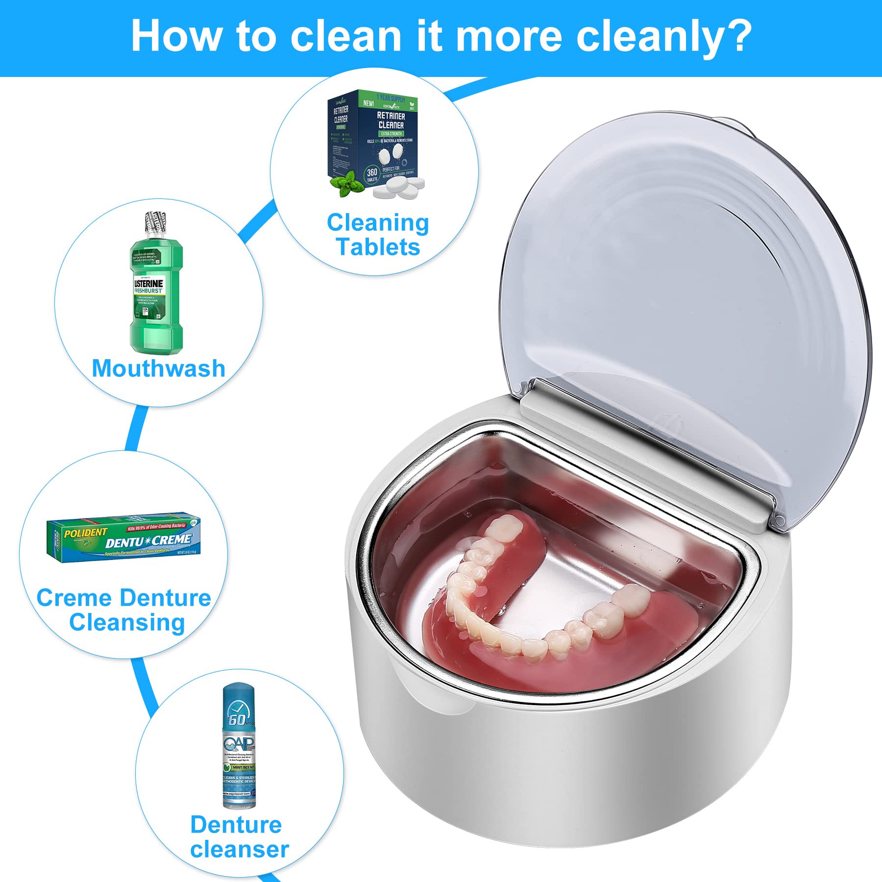 BlumWay Nettoyeur à ultrasons, appareil de nettoyage pour prothèses dentaires, soins dentifrice invisible pour prothèses à voix basse, plus facile à nettoyer, cadeau parfait pour les personnes âgées