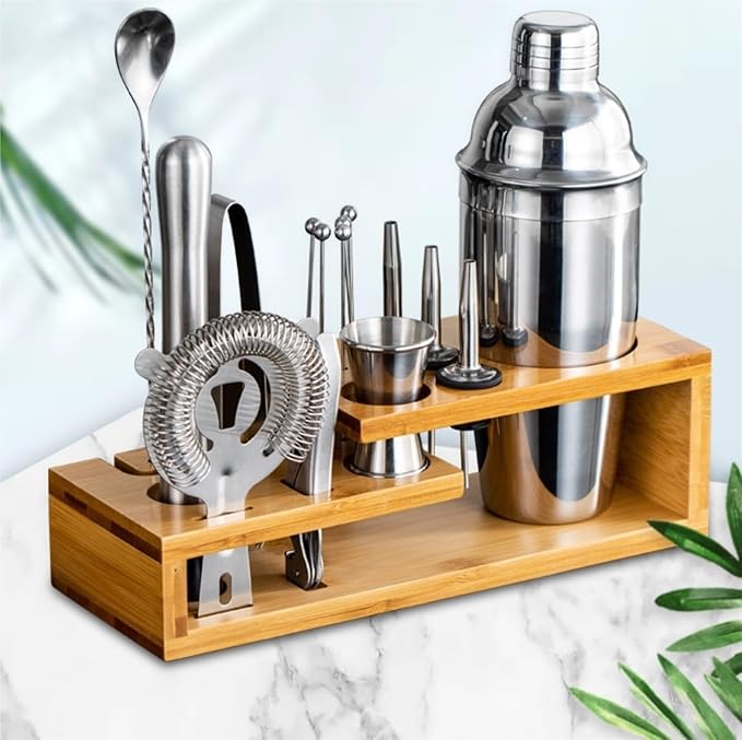 Set de Coctelera de Acero Inoxidable 16 Piezas con Soporte de Bambú 550ml miniatura 2