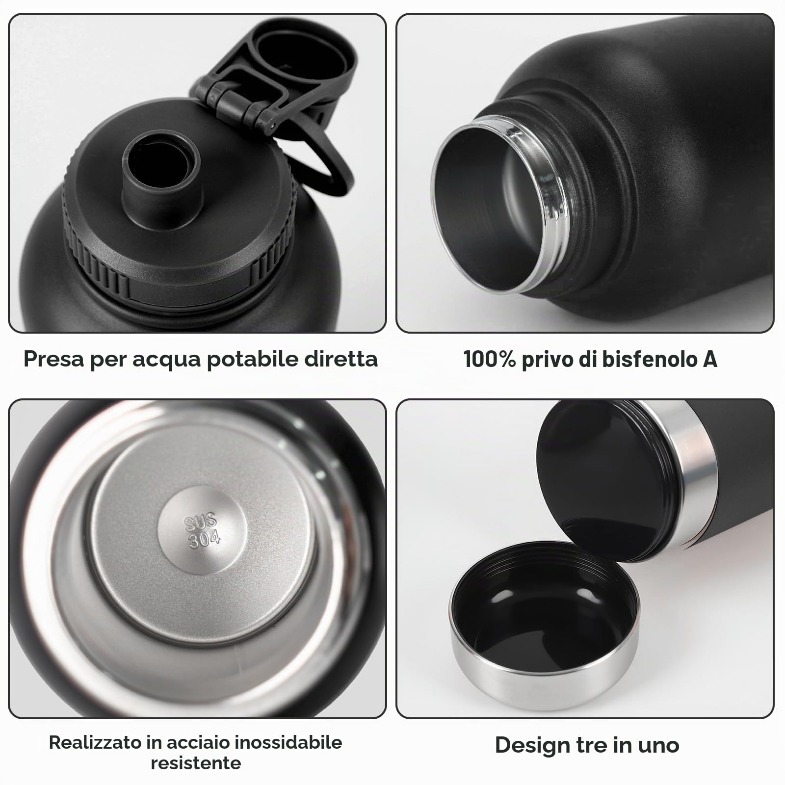 Borraccia per cani da viaggio, 950 ml, isolata, in acciaio inox, con ciotola e ciotola per acqua, portatile, senza BPA, per viaggi, passeggiate e attività all'aperto (nero, L)
