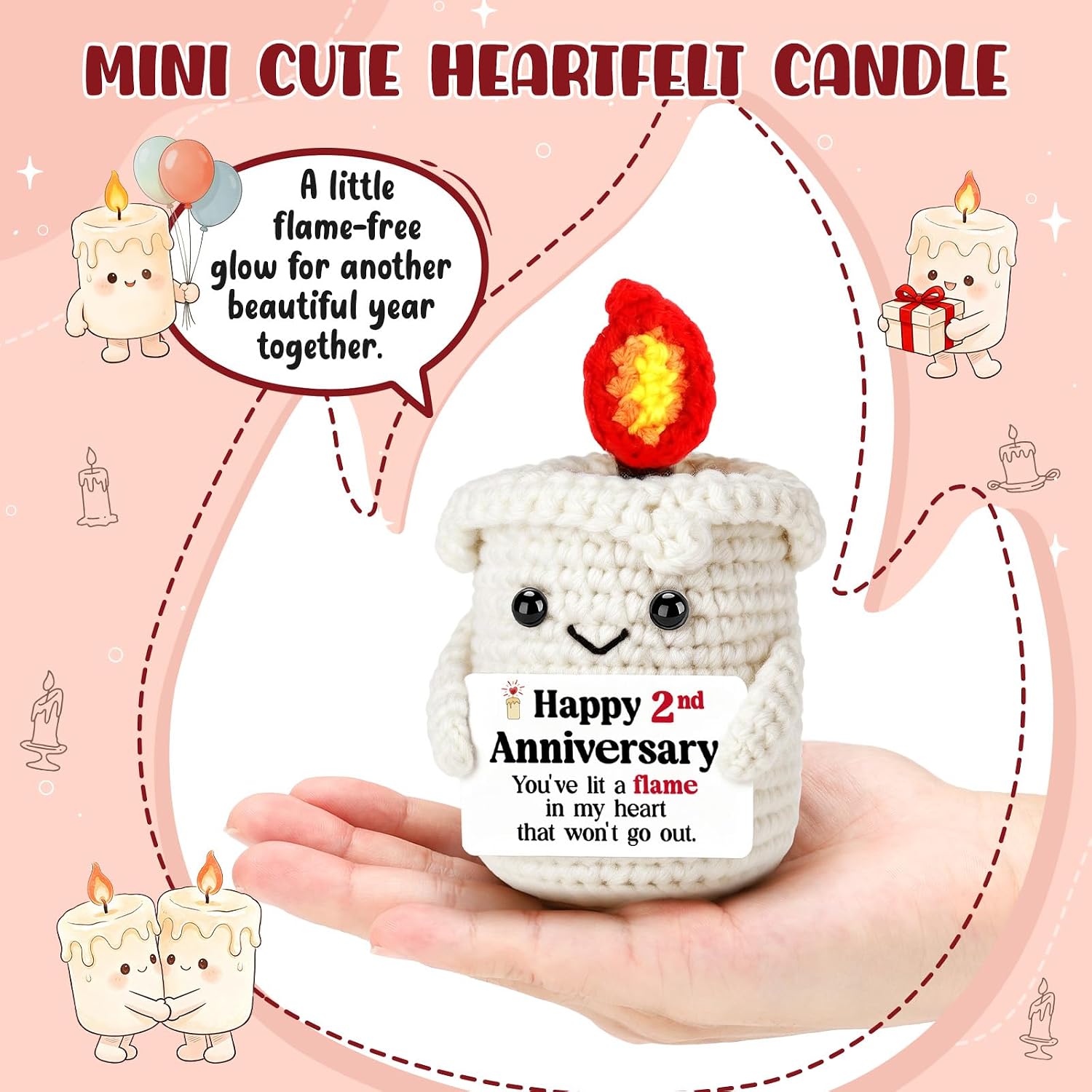 Happy 2 Year Anniversary Birthday Gifts for Couple Husband Wife Boyfriend Girlfriend, Heartwarming 2nd Anniversary Wedding Gift Ideas for Women Men, Cute Crochet Candle Aniversario Decor for Her Him image 3