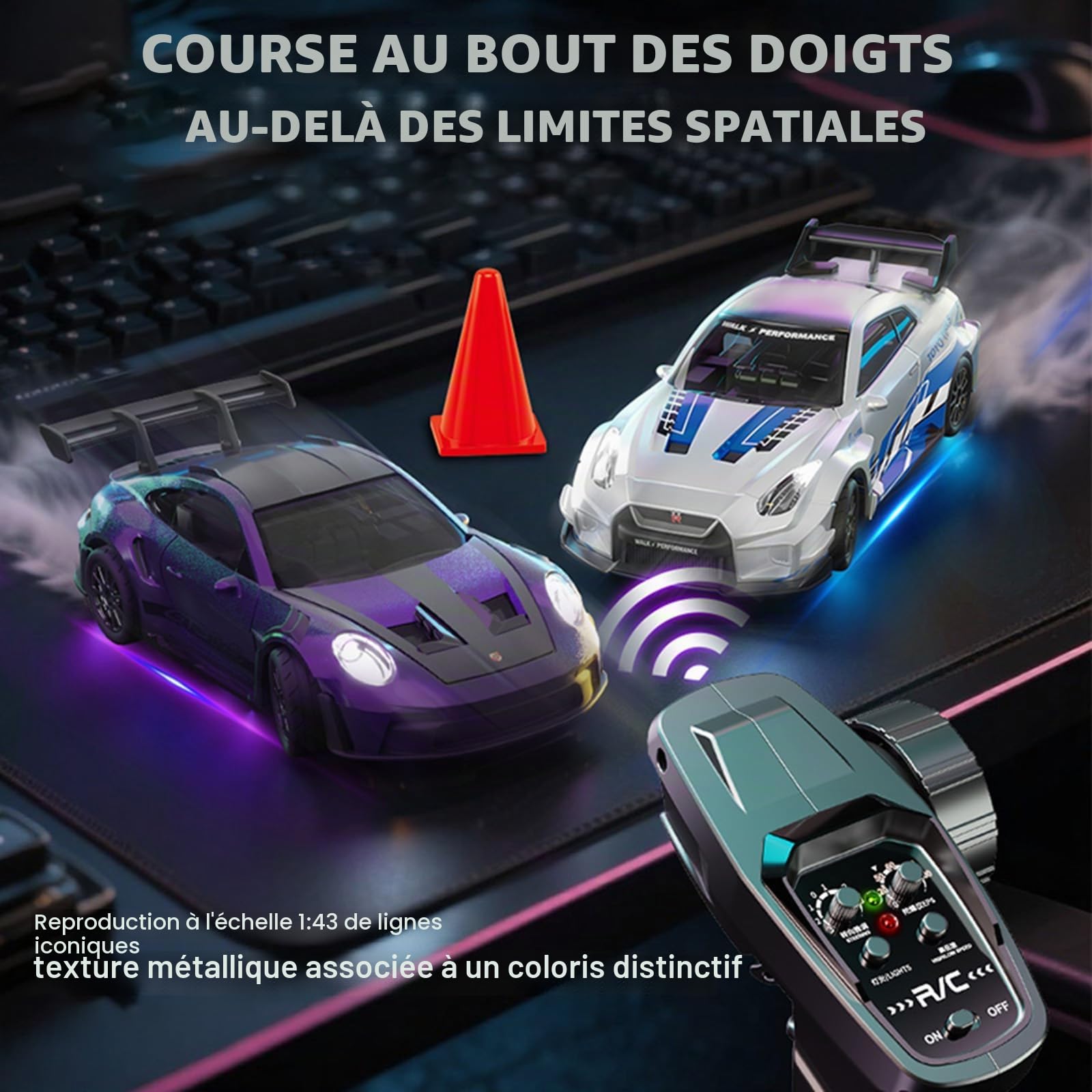 ARRIS Voiture RC Drift Échelle 1/43, Mini Modèle 911 Télécommandé 2.4GHz 4WD en Alliage avec Gyroscope pour Adultes (Gris)