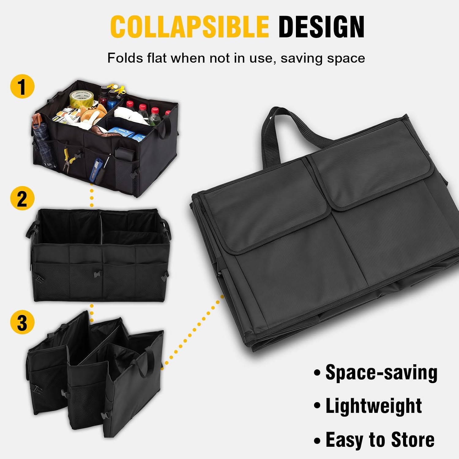 Car Trunk Organizer – Collapsible Multi Compartment Storage Box, Adjustable Automotive Storage Bin for SUV Sedan Truck