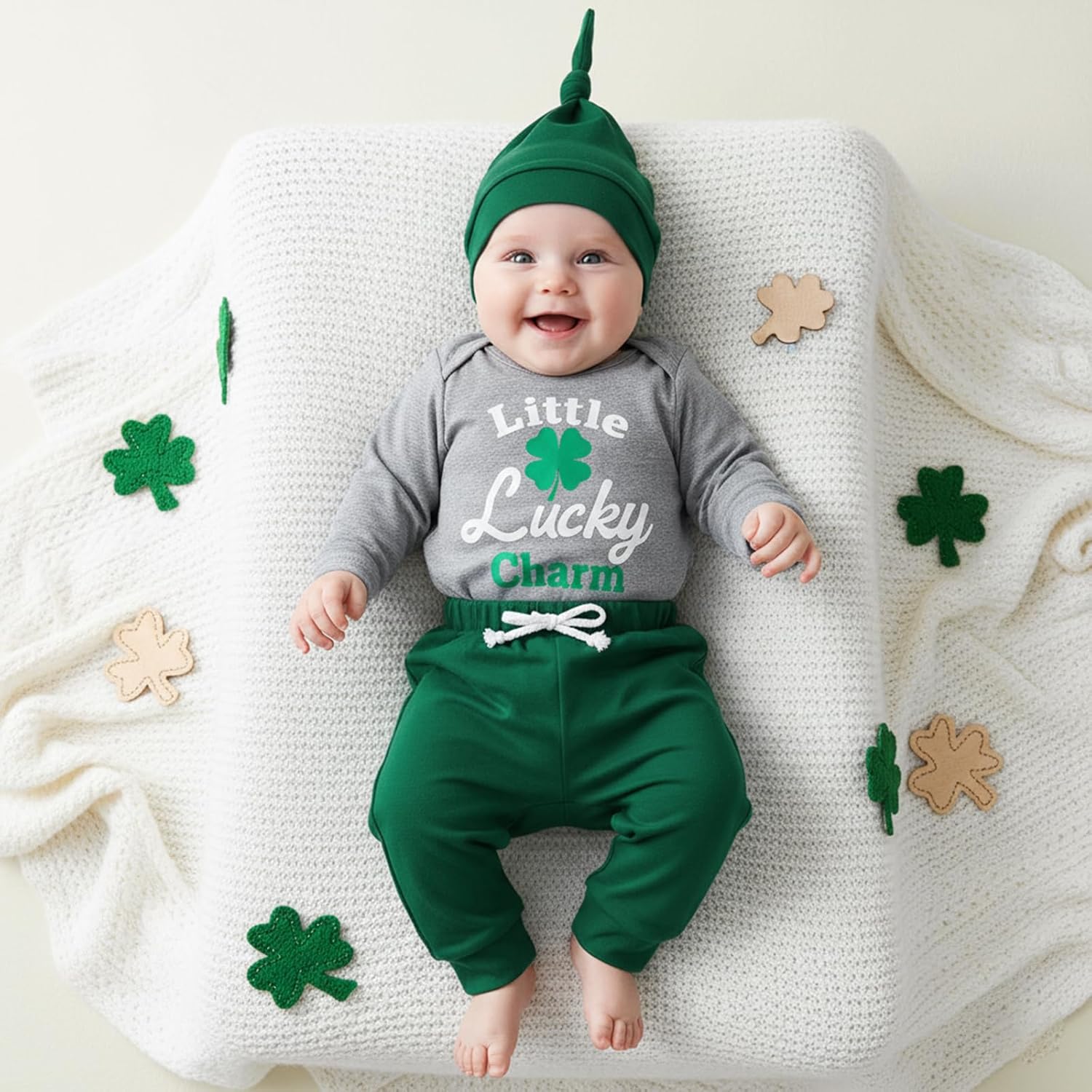 Lamuusaa Newborn Baby Boy St Patricks Day Outfit Little Lucky Charm Romper Green Long Pants Hat 3Pcs Clothes Set - Image 2