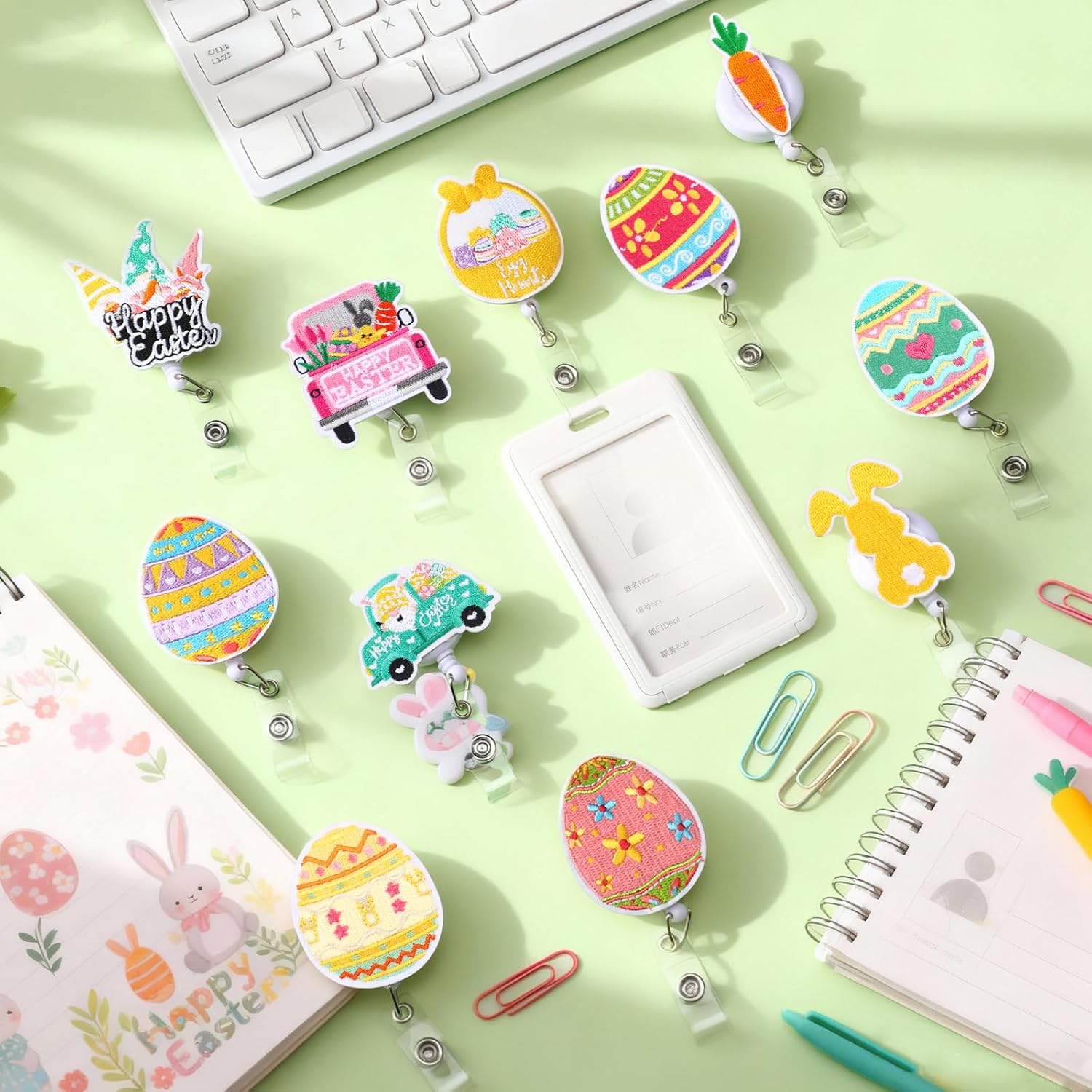 Landical 24 Pcs Easter Felt Badge Reel Retractable Bunny Eggs Reels ID Badge Holder with Clip Rabbit Holder for Nurses Doctor