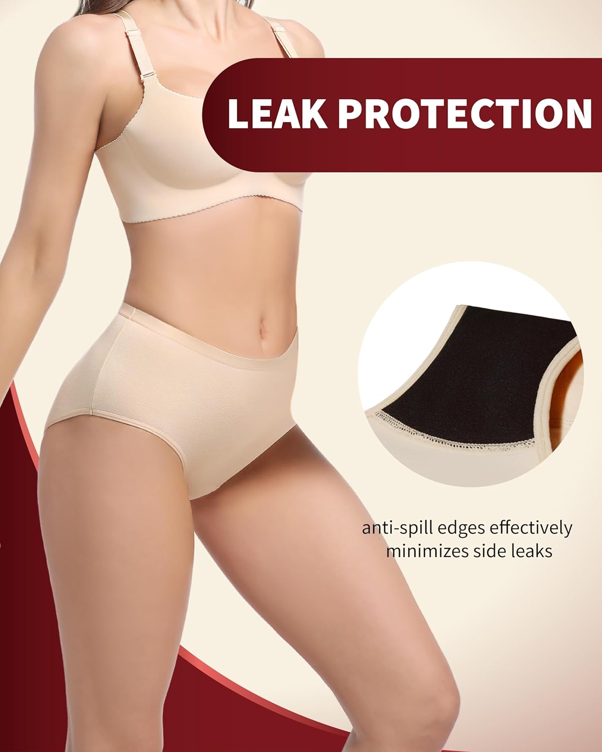 Incontinence Underwear for Women Washable, 2 oz Maximum Abosrbency Panties for Bladder Leak Proof Protection 2 Pack (Beige, L) - Image 6