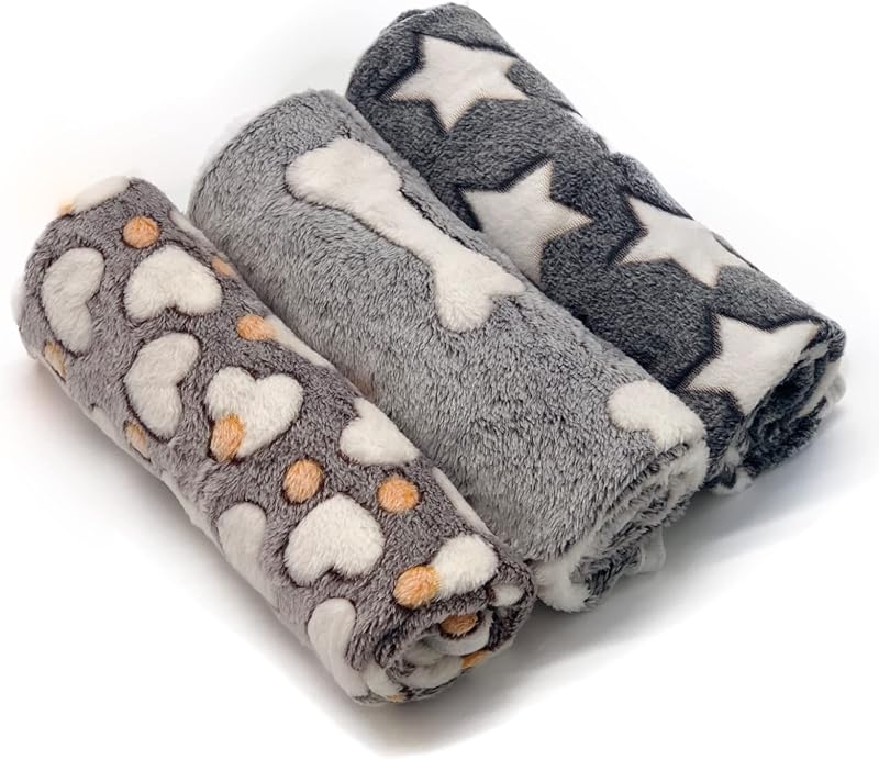 1 paquete de 3 mantas para cachorros, súper suaves y cálidas, para dormir, color gris, con estampado lindo, forro polar esponjoso, manta de franela para mascotas, mantas para perros pequeños, gatos, estrella, hueso y amor, pequeño (23 x 15 pulgadas)