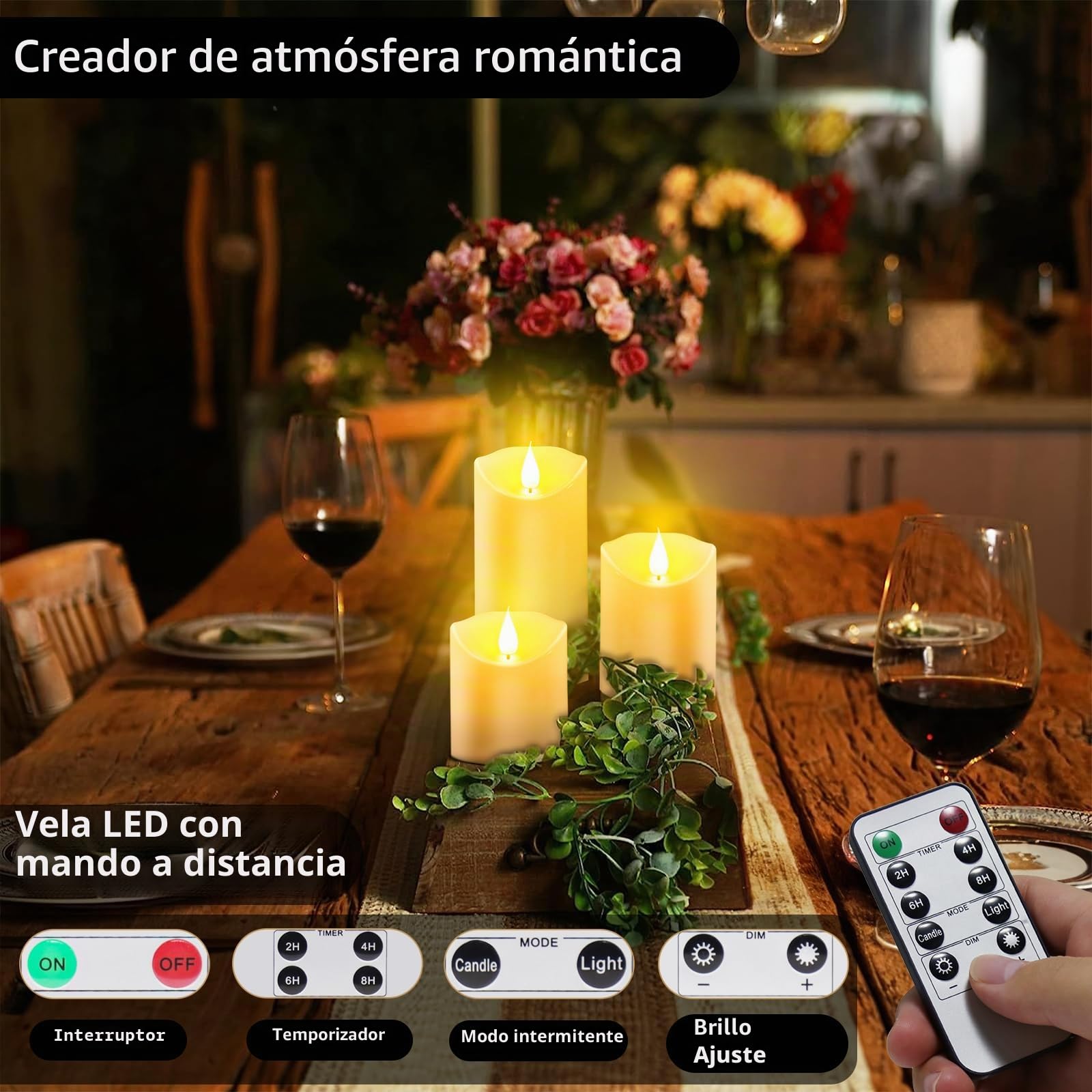Daphomeu 3 Velas LED, Velas led efecto llama, Velas de Pilar con Función de Temporizador de Mando a Distancia, Velas con batería para Decoración, Bodas, Navidad