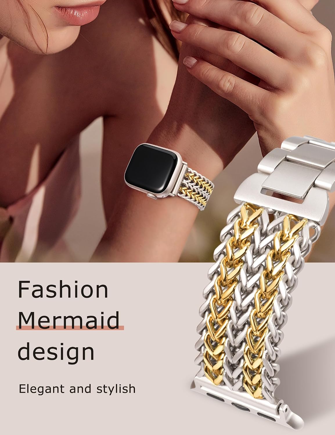 Minyee Compatible with Apple Watch Band 41/40/38/44/45/46/49/42mm Women, Dressy Stainless Steel Metal Adjustable Chain Strap Link Bracelet Wristband for iWatch Series 11 10 9 8 7 6 5 4 3 2 1 Ultra SE