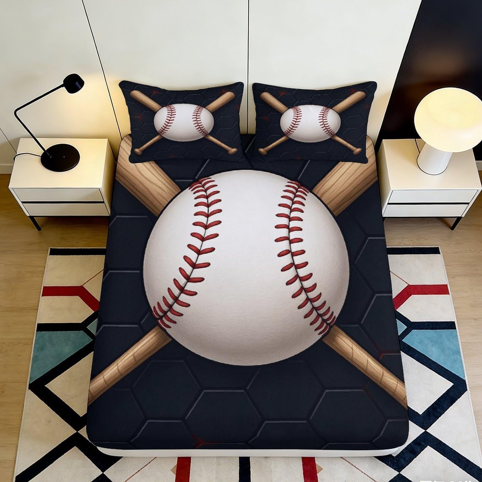 3D Printed Baseball Bat Fitted Sheet Microfiber Soft Black Sports Ball Bed Cover for Bedroom Dorm Mattress Decor 90x200x25cm