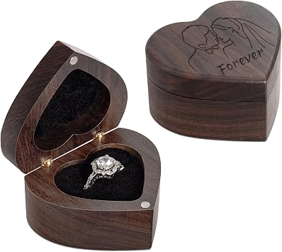 Engagement Proposal Ring Box Heart Shaped Ebony Wood Weighty Case