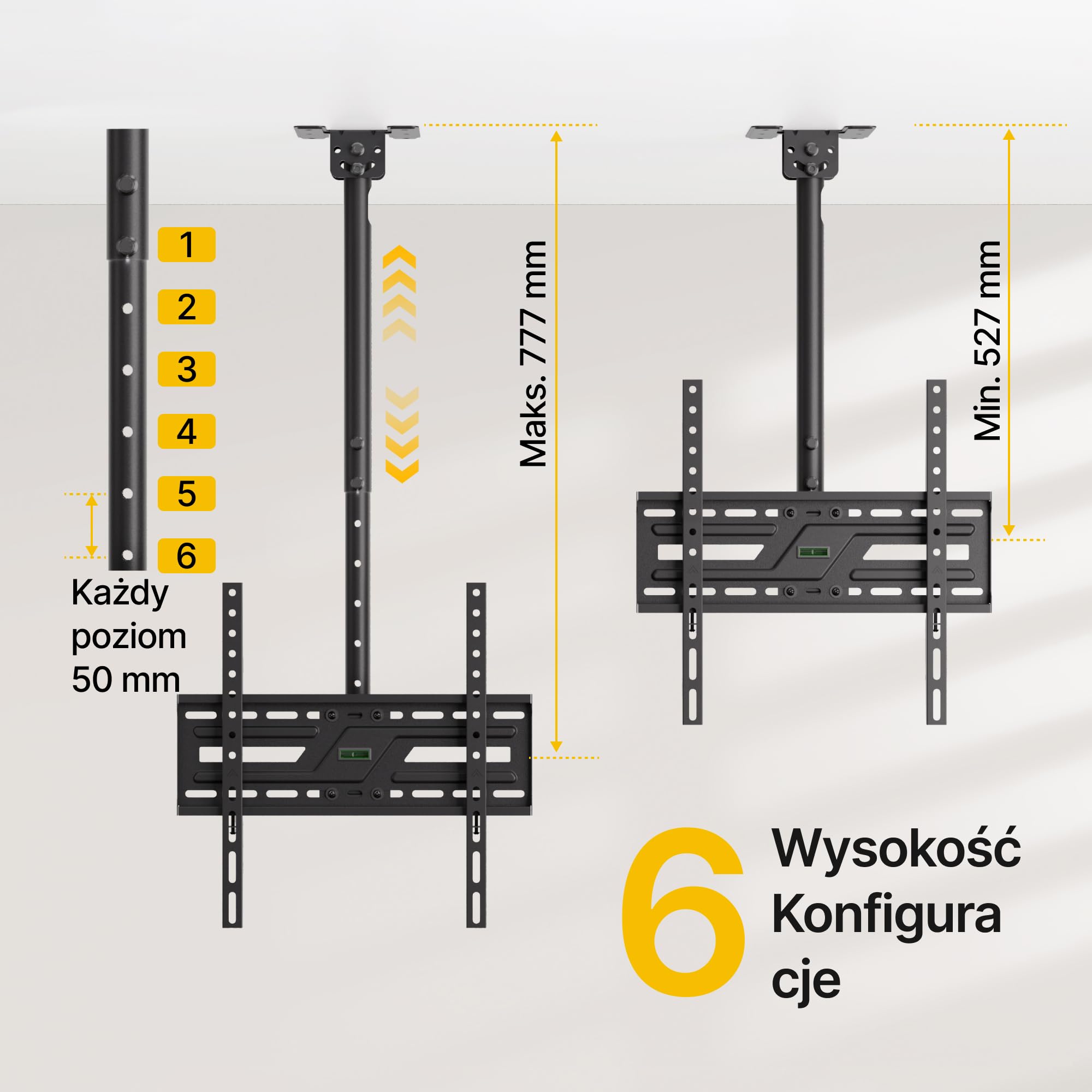 monTEK Uchwyt sufitowy pod telewizor 37-75" | Możliwość pochylenia i wychylenia, Do 50 kg, Regulacja wysokości, Płaski dach lub dach skośny