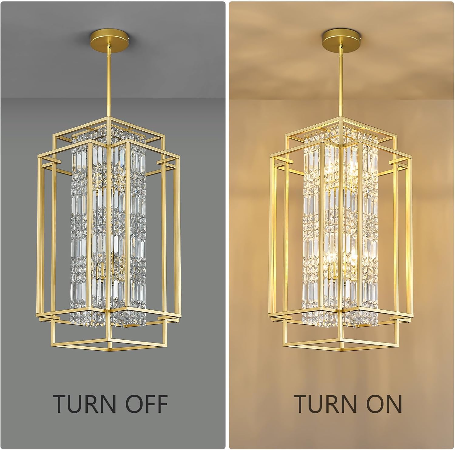 Farmhouse Rustic Rectangle Chandelier Gold Metal Decorative Crystal Pendant Light Antique Ceiling Lamp for Dining Room, Living Room, Bedroom, Kitchen Island and Foyer