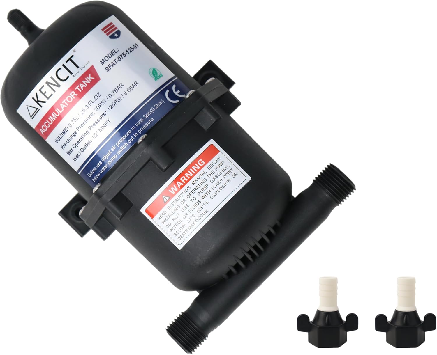 Pre-Pressurized Accumulator Tank (0.75L, 125PSI), Flow Control Inner Bladder, Reduced Pump Cycling, Suitable for RV, Boat, Travel Trailer, Caravan.