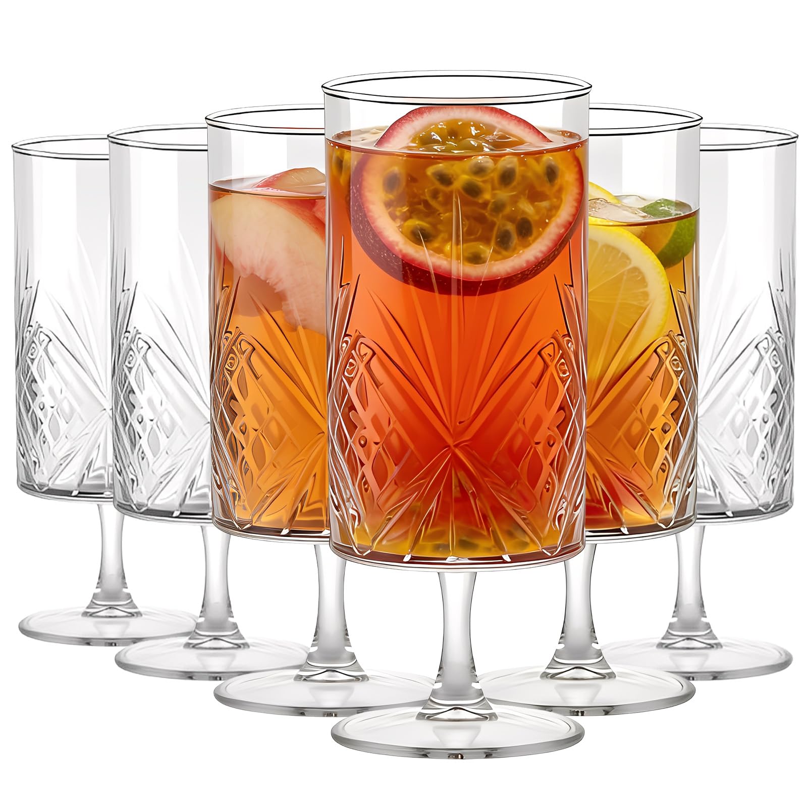 Aulivra Long Drink Glasses Set of 6 – 380ml Tall Drinking Glasses for Cocktails, Gin & Tonic, Water & Juice, Clear Glass Tumblers, for Parties, Weddings, and Everyday Use, Dishwasher Safe (Embossed)