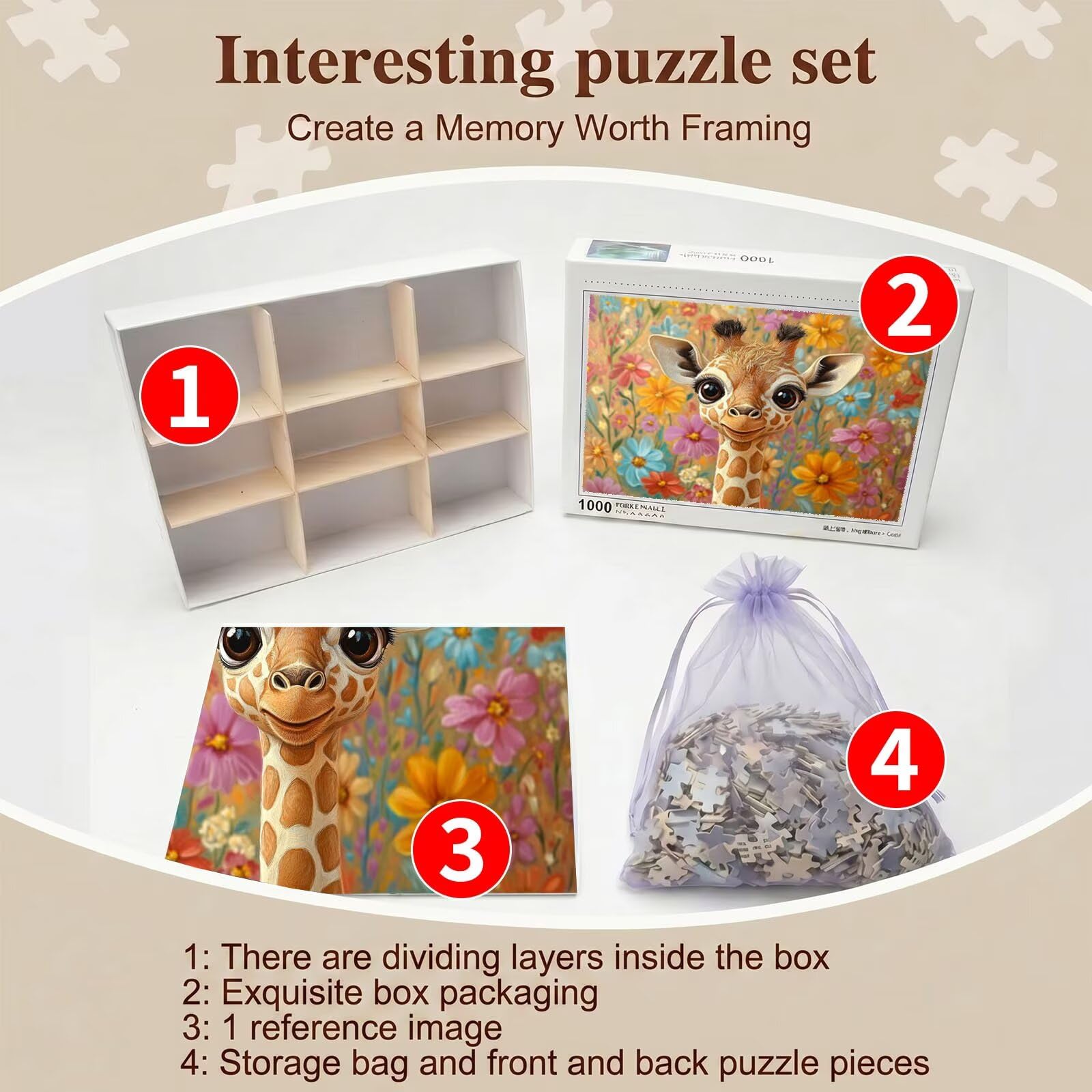 Carino giraffa Puzzle 1500 Pezzi per Adulti, Puzzle in Legno - Collezione Classica con Poster Incluso - Sfida di Concentrazione e Passatempo Antistress, Gioco Educativo per Famiglia, 87 x 57 cm f0-574