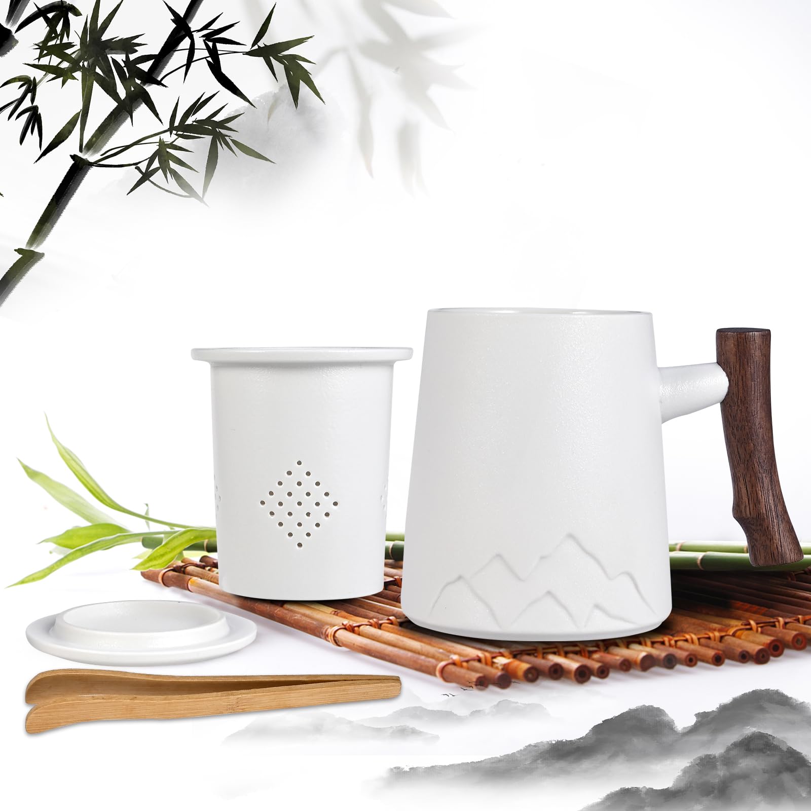 Herboom Teetasse mit Teesieb und Deckel Keramik Tasse Große Teetassen mit Holzgriff mit Teegeschirr Teeklammern Holz, geeignet für Zuhause/Büro/Geschenk
