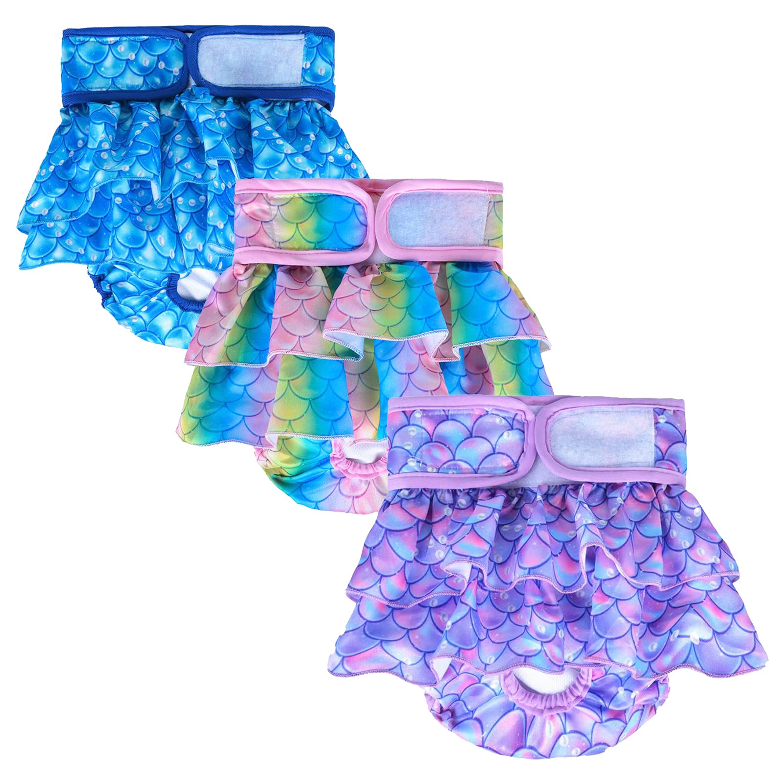 Reusable Dog Diapers Female, Pack of 3 Washable Highly Absorption Puppies Dogs Diapers for Period Heat Panties or Excitable Urination (Fish Scales, L)