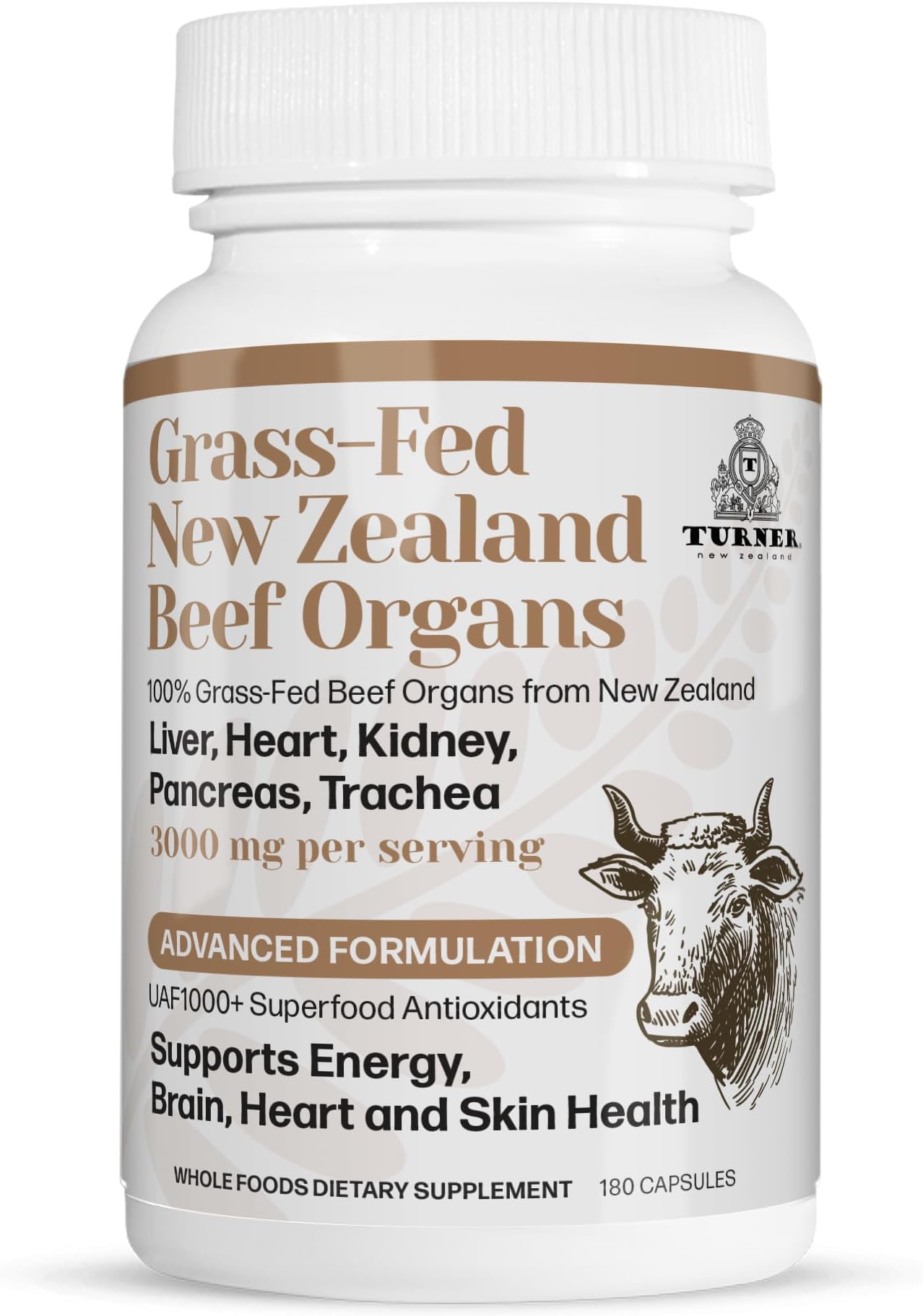 TURNER New Zealand 100% Live-Grass-Fed Beef Organs Complex, Supports Whole Body Wellness and Energy with a Powerful Blend of Liver, Heart, Kidney, Pancreas & Trachea, Non-GMO, 3000mg, 180 Capsules