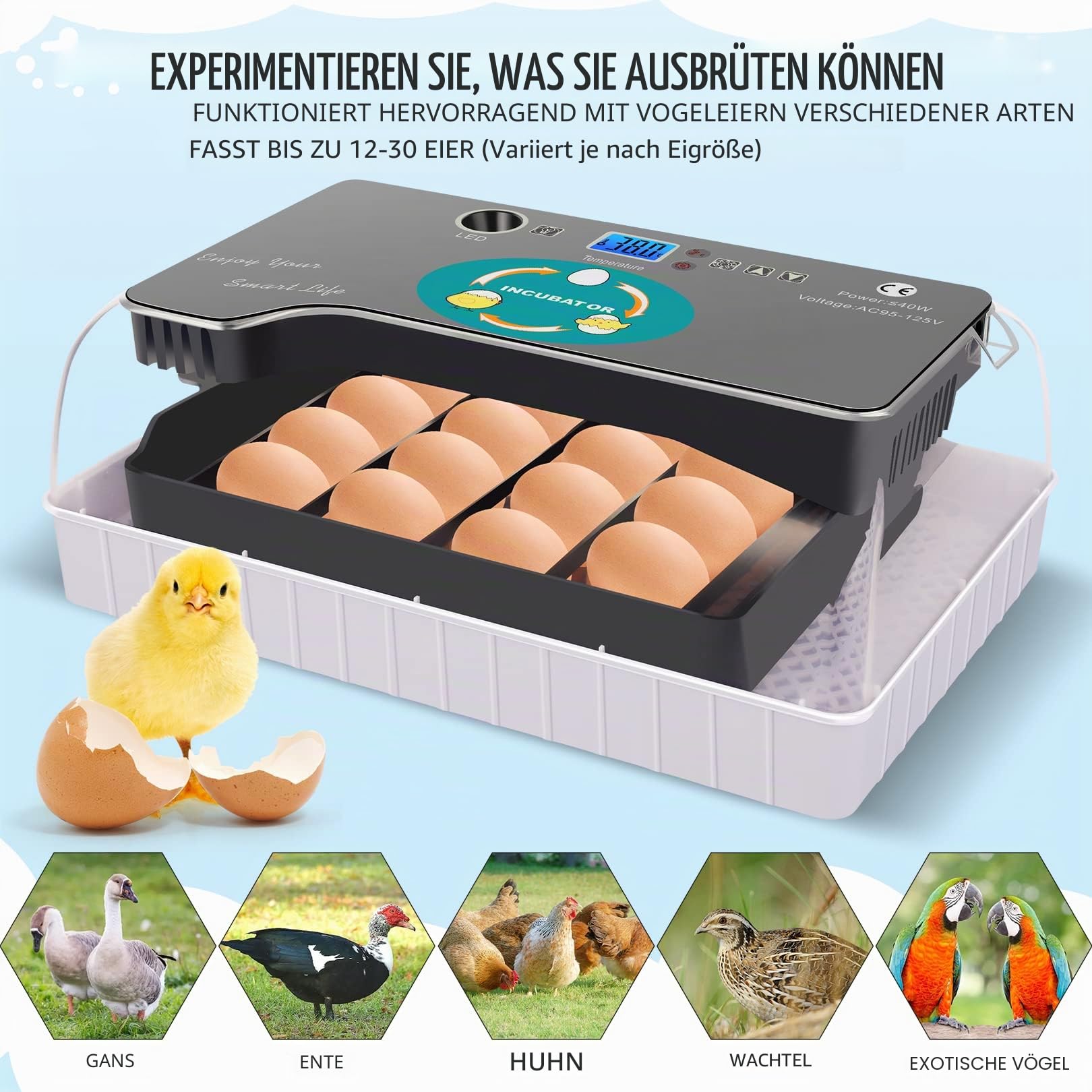Sailnovo Brutmaschine Vollautomatisch Hühner Eier Brutgerät, 9-35 Eier Brutapparat Eier Inkubator mit Effizienter LED Beleuchtung Hatcher Maschine für Hühnergans Ente Taube Wachtel Vogel